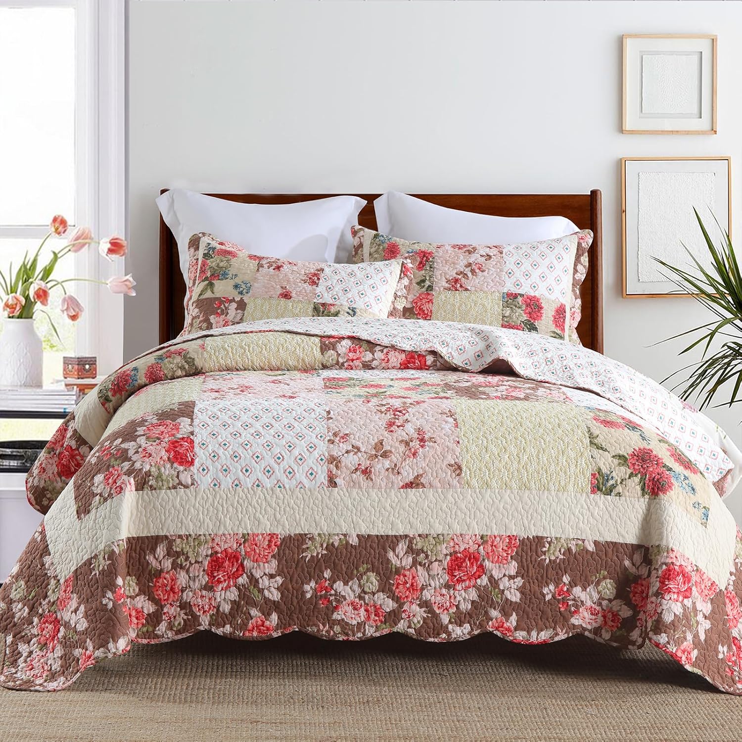 Travan Luxury Rose Patchwork Quilt Set Queen