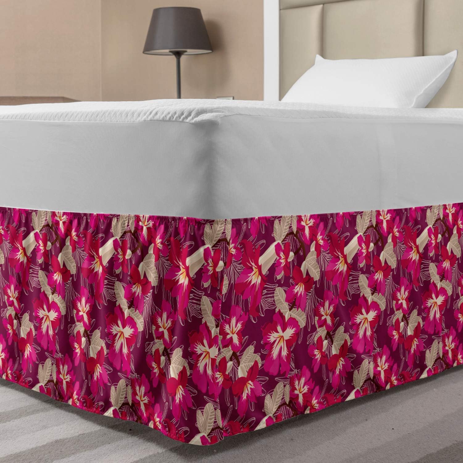 Lunarable Floral Bedskirt - TwinTwin XL Magenta and Tan 1