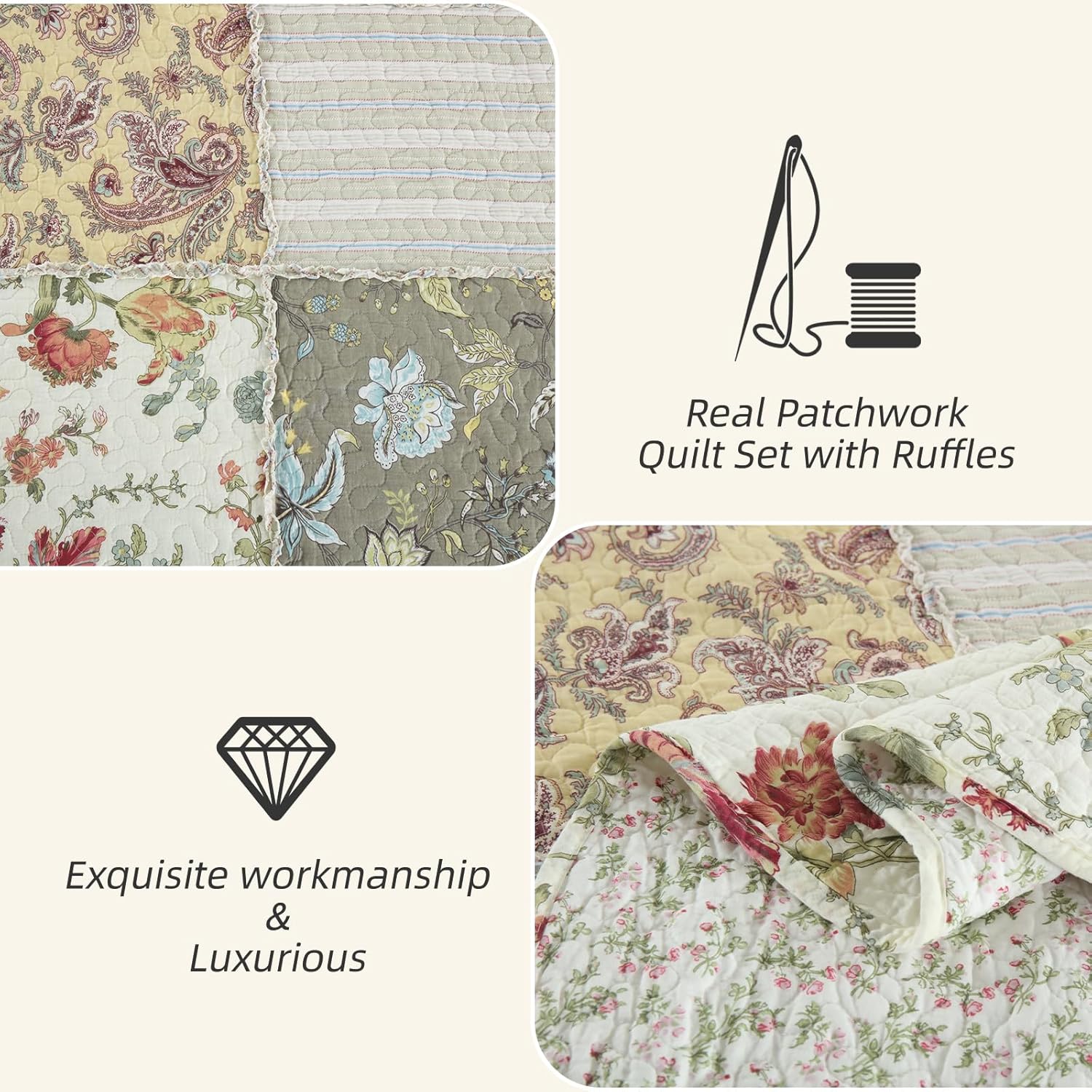 Yvooxny 3-Piece Quilt Set with Ruffles and Pillowcases
