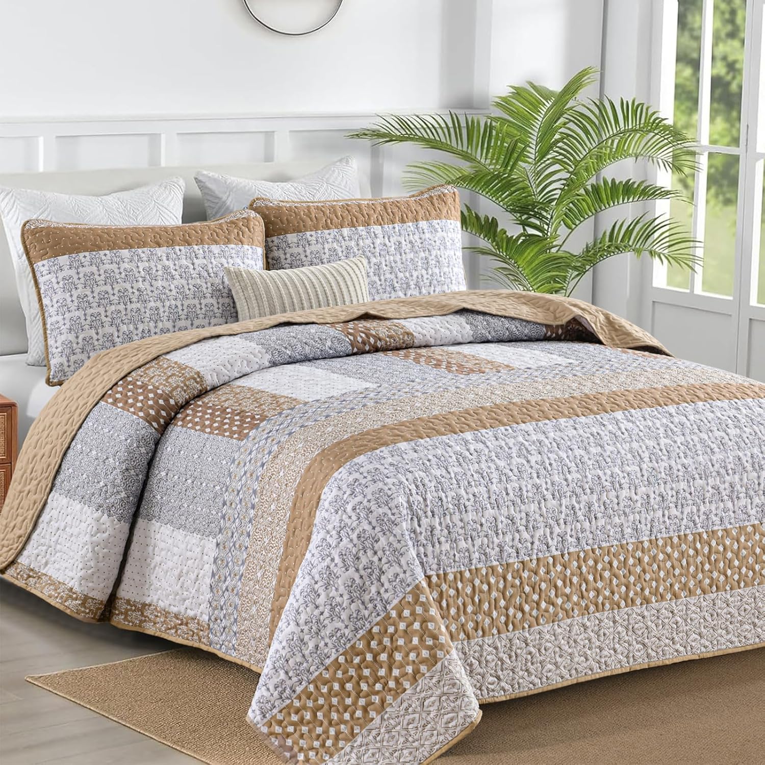 Wongs Brown Bohemian Stripe Quilt King Size Set