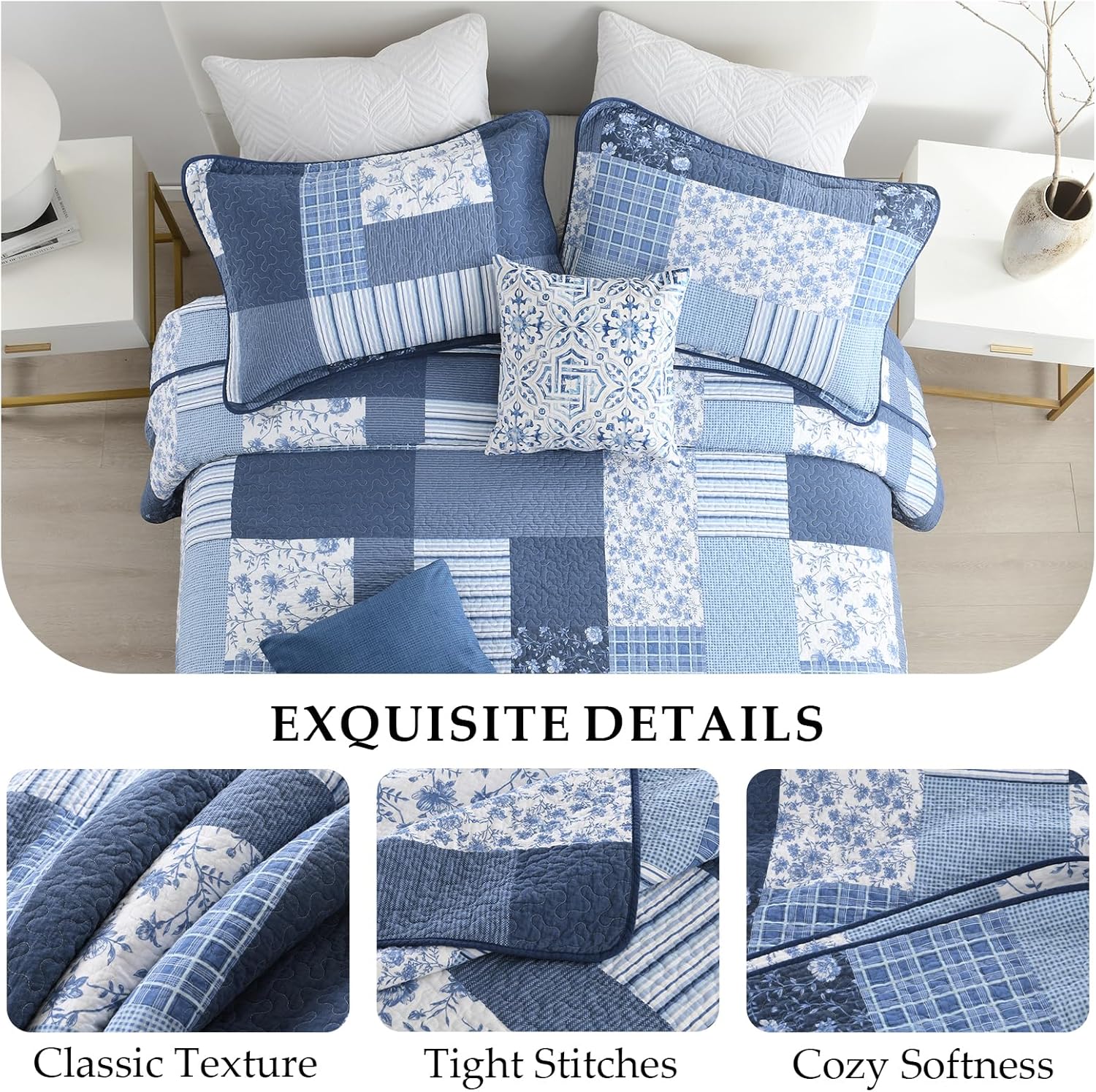 CozyStitch Plaid Queen Quilt Set - BlueWhite