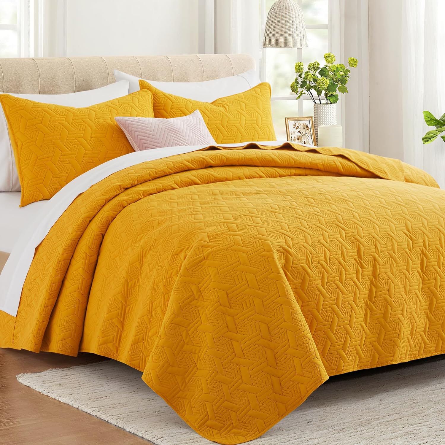 Lavsiry Mustard Yellow Quilt Set California King Size 3 Piece