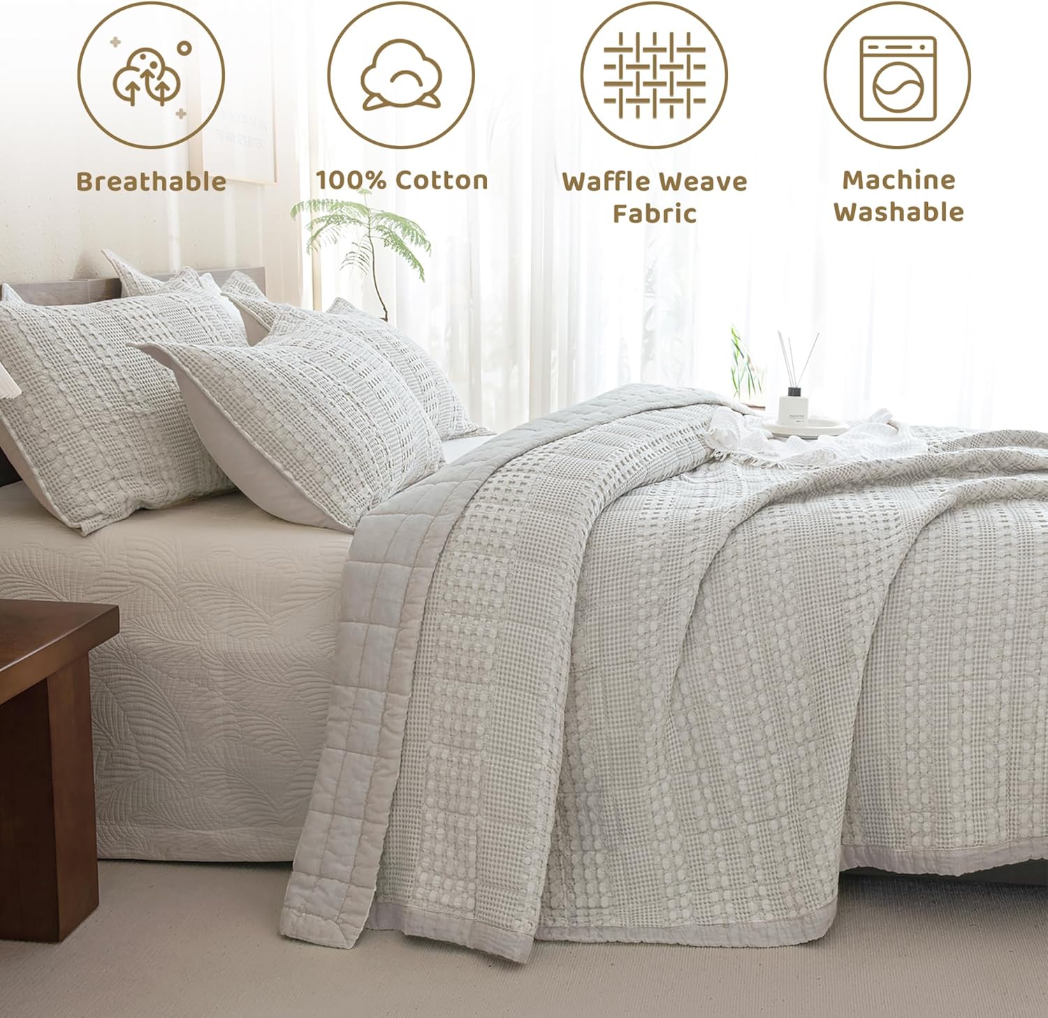 Sanracie Khaki Waffle Quilt Set 3Pcs Oversized King 1