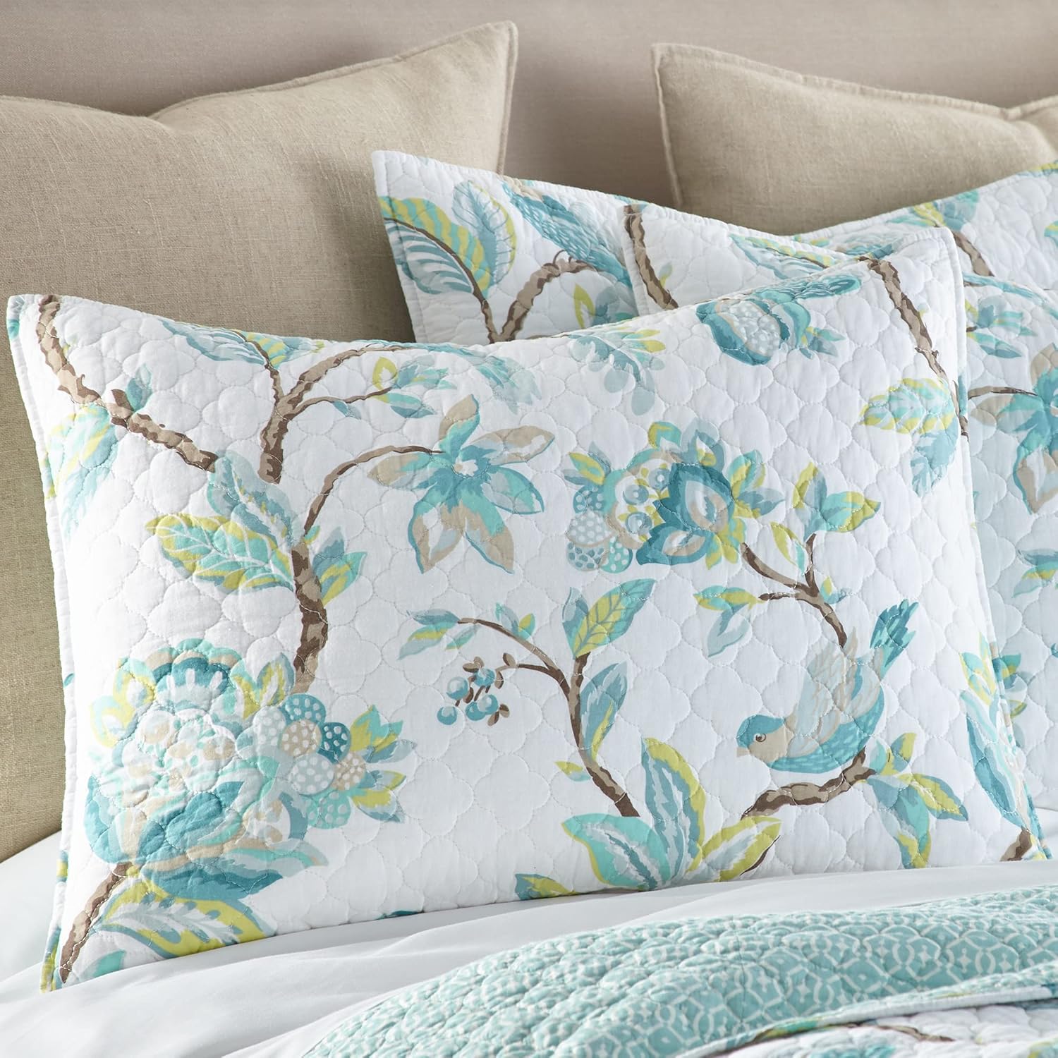 Levtex Home Cressida Quilt Set KingCal King Teal Blue Cream Taupe Reversible Cotton