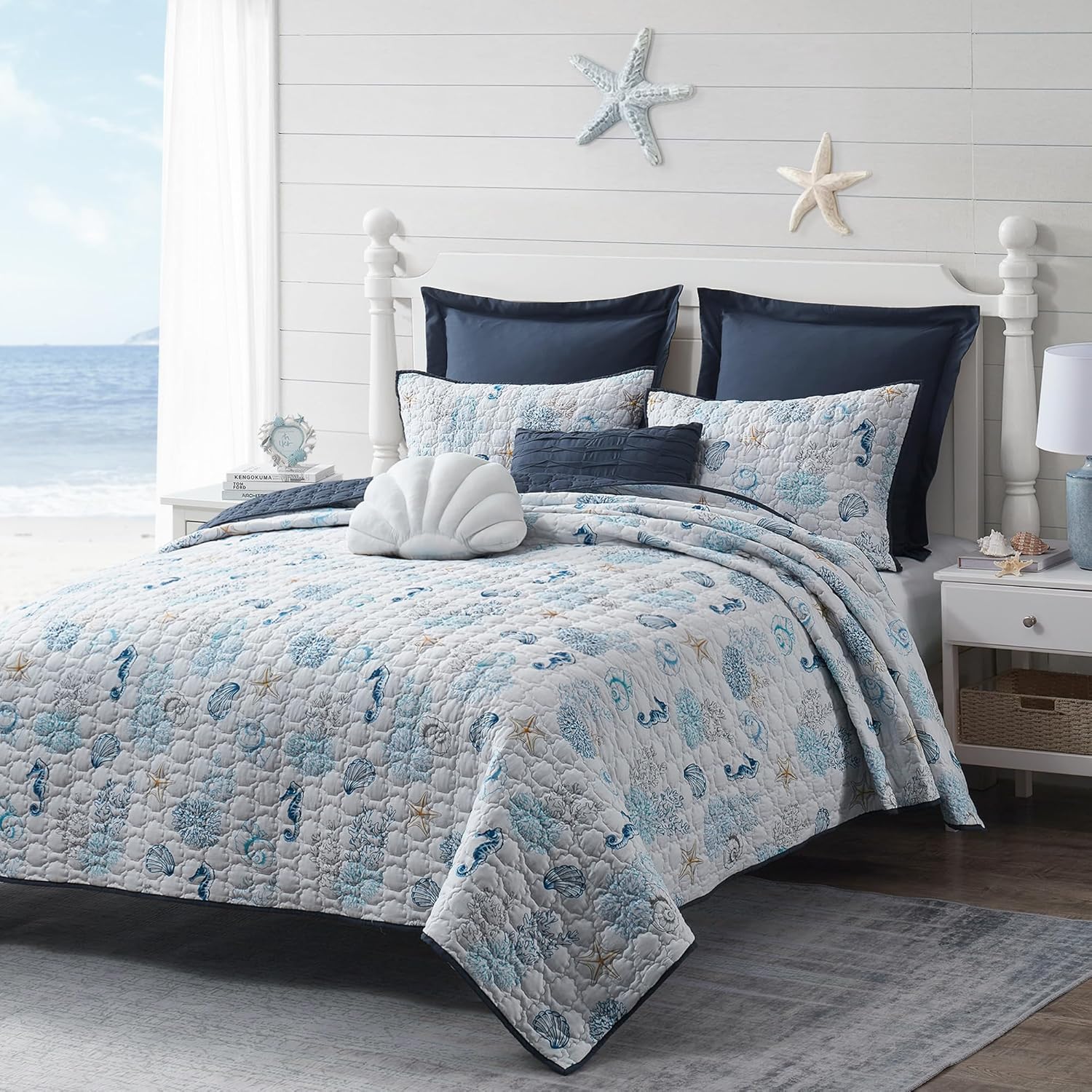 Wonderful Cotton Coastal Quilt Set King Size Reversible