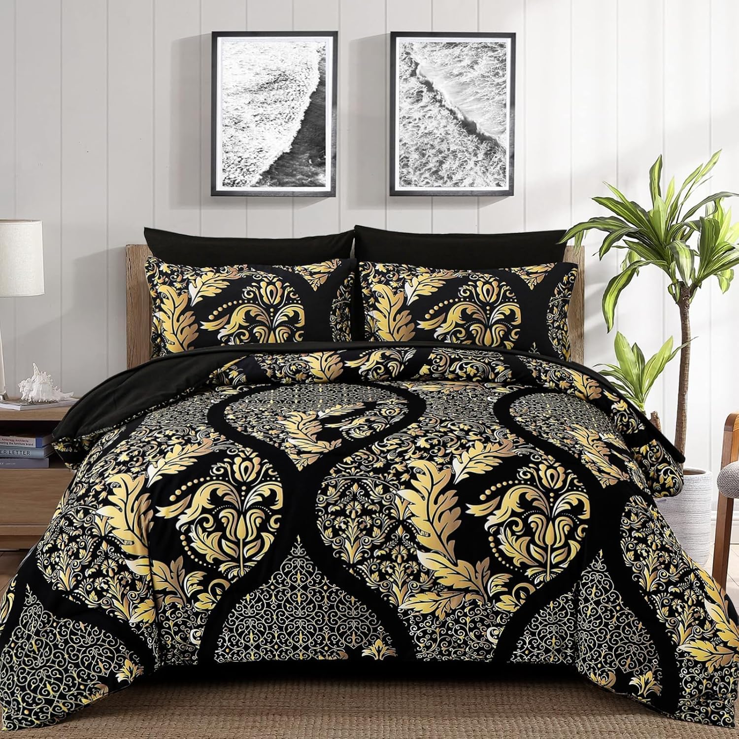 Anibedding Black Gold Damask Comforter Set California King