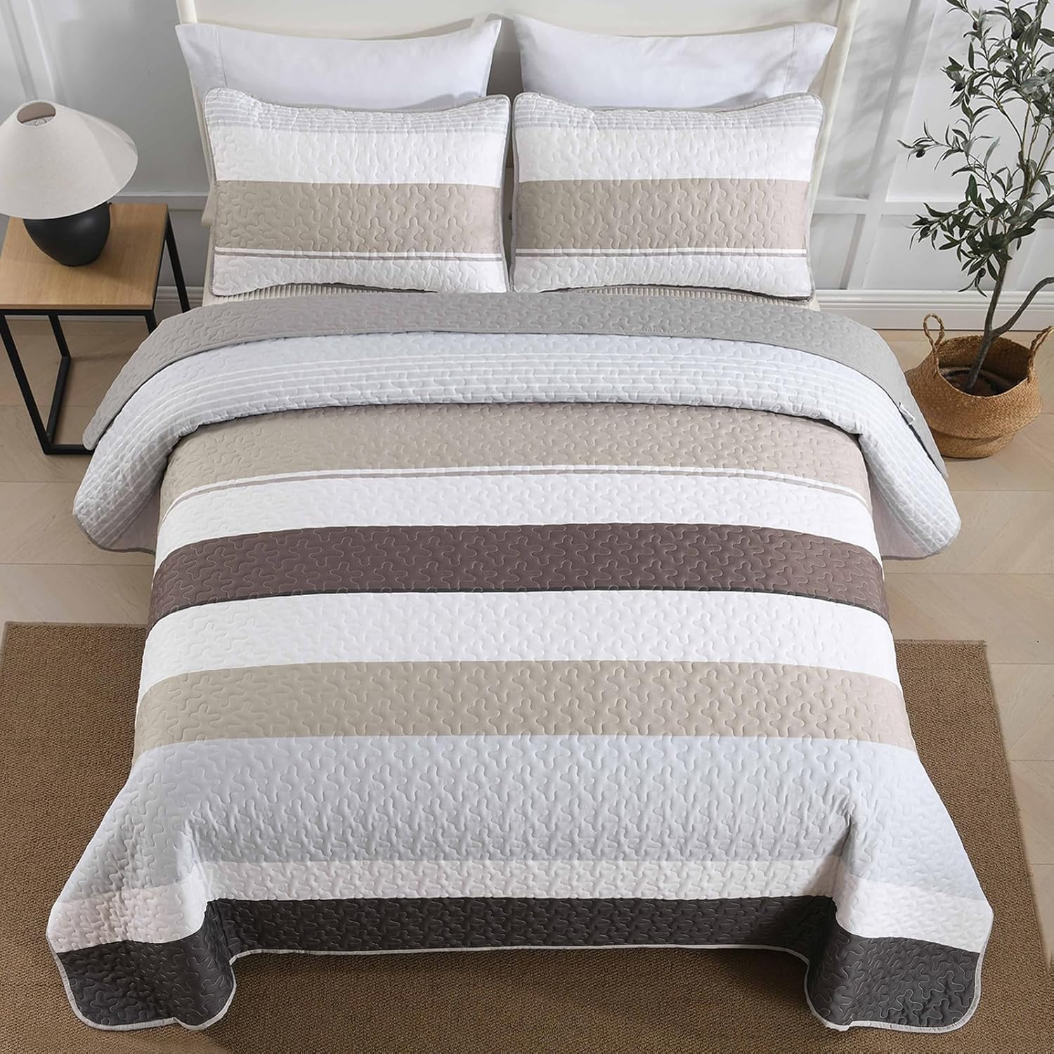 Dinjoy Grey Boho Striped California King Quilt Set
