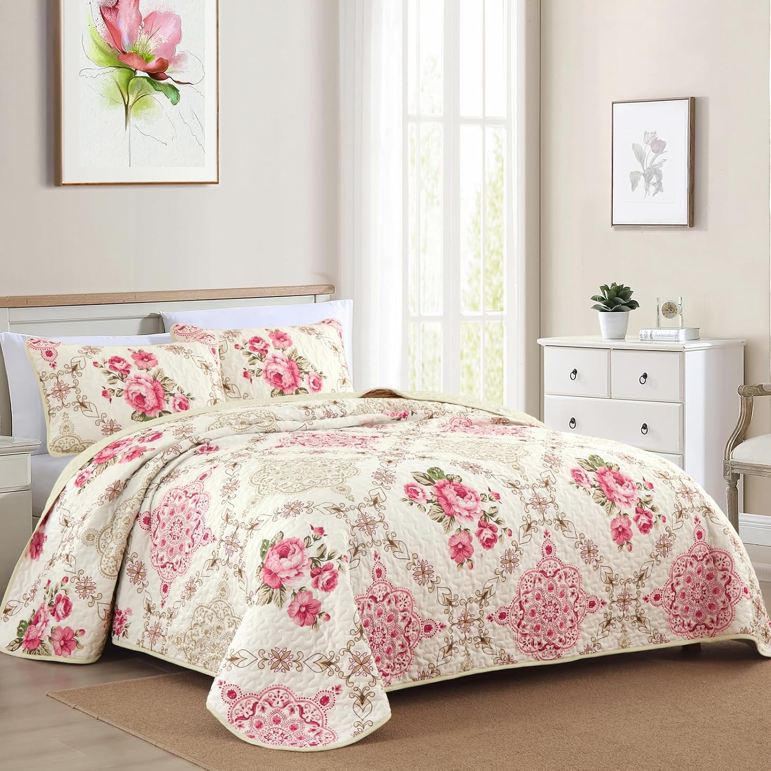 Menghomeus Pink Big Floral Reversible Quilt Set