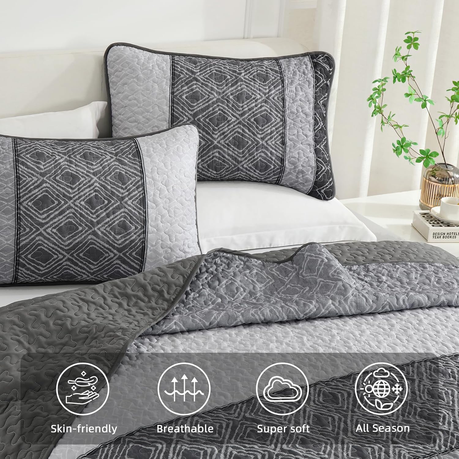 Cottolester Boho Quilt Set 3 Pieces Full Size Grey Striped Plaid