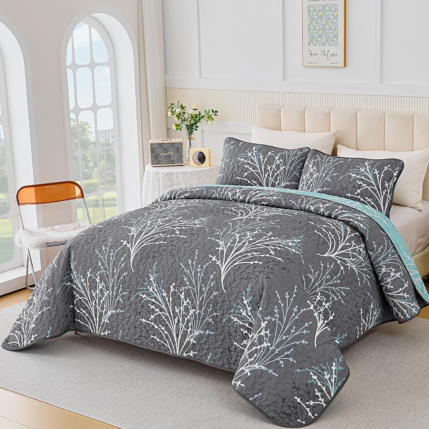 DJY Queen Size Reversible Quilt Set Grey Blue