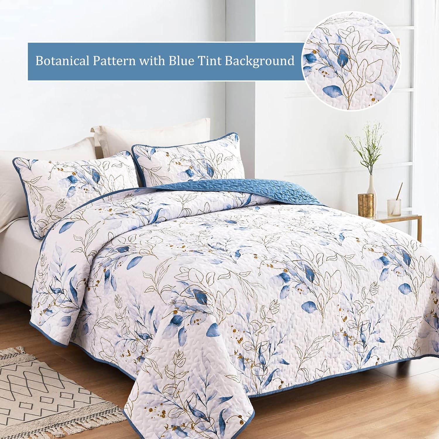 Anibedding Blue Quilt Set California King 3 Piece