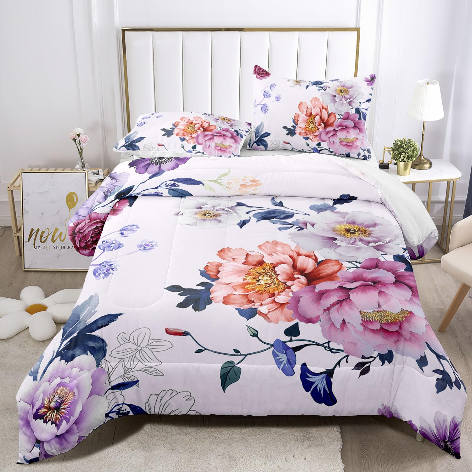 Raphus cucullatus Botanical Comforter Set - Purple Pink Floral Quilt Bed Set