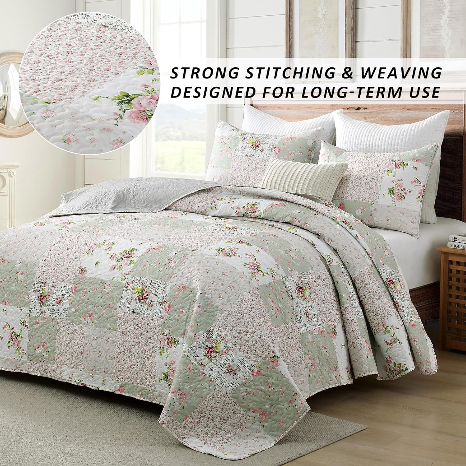 HIARUO 3PCS Queen Quilt Set Floral Patchwork Comforter Bedspread