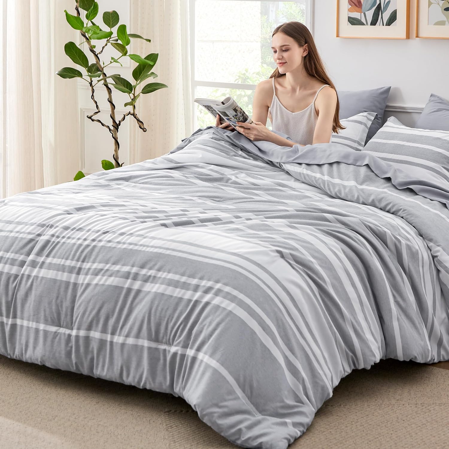 Bedsure California King Comforter Set 7 Piece Grey Striped