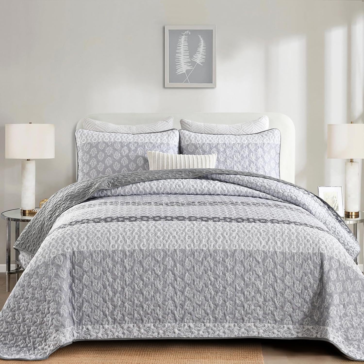 Cottolester Boho Queen Size Gray Striped Coverlet Set 3 Piece