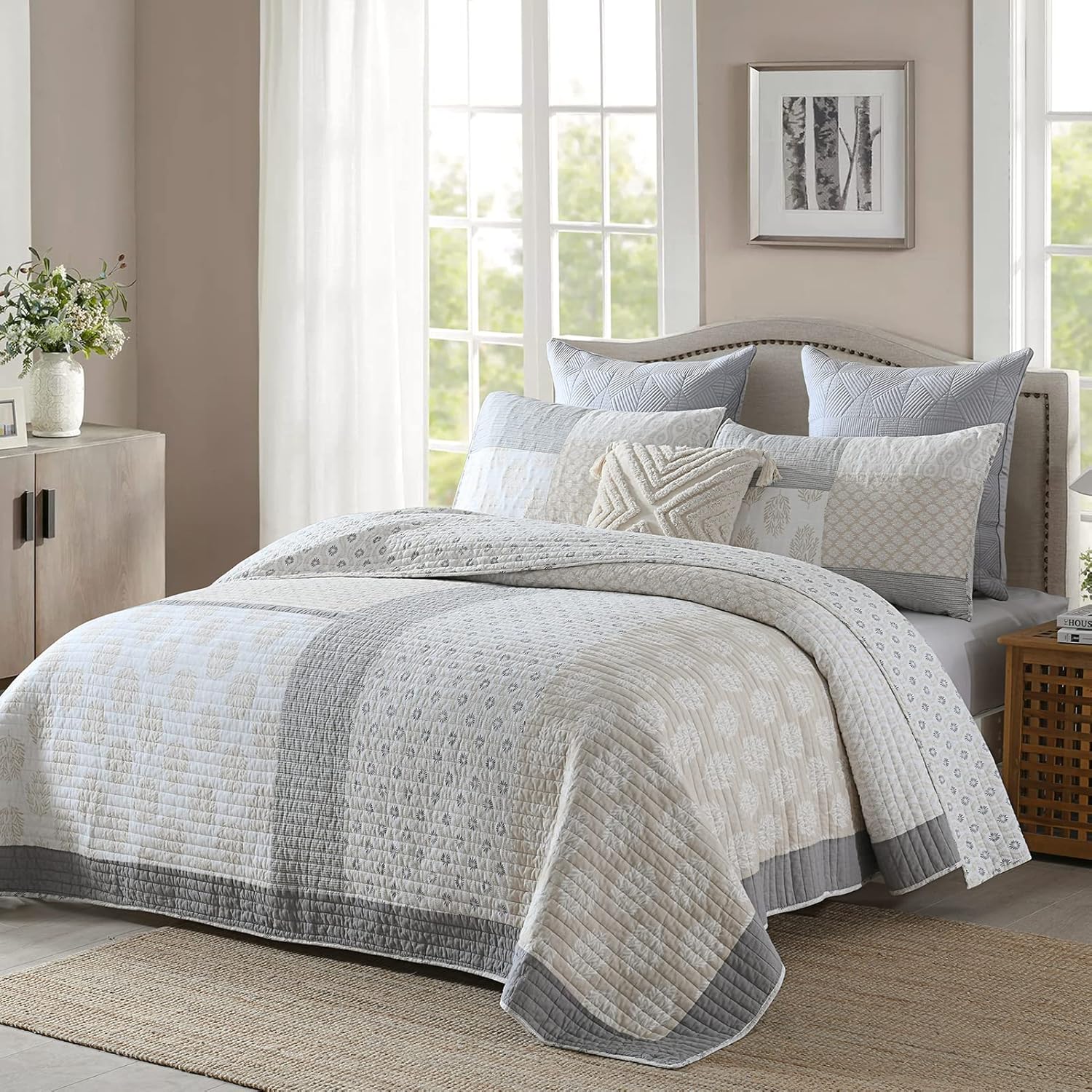 PANGUSHAN Queen Quilt Set 3 Pieces 100 Cotton Reversible Patchwork Quilt
