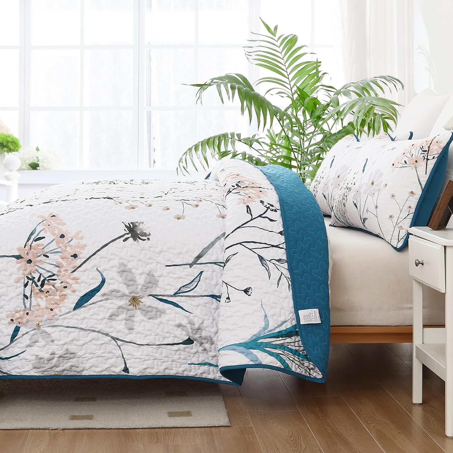 Dobuyly Teal Floral Queen Quilt 3-Piece Set