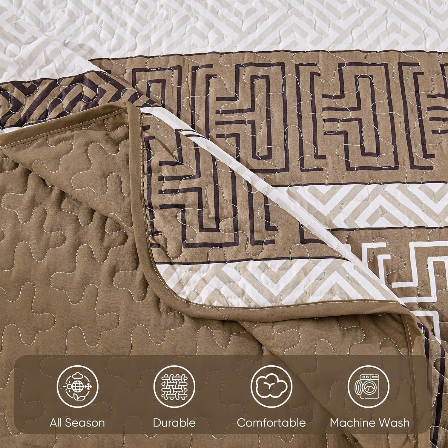 DJY Queen Size Brown Striped Quilt Set 3 Pcs