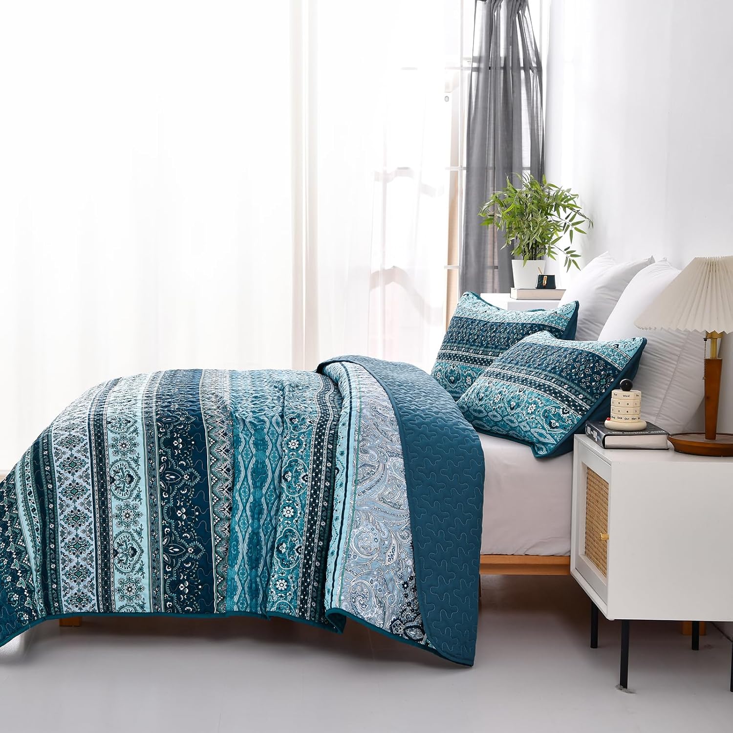 WONGS BEDDING Boho Quilt Set Full Size Blue
