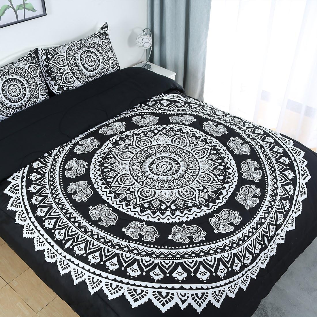 Uxcell Bohemian Black Comforter Set - 3D Printed Reversible 3 Piece