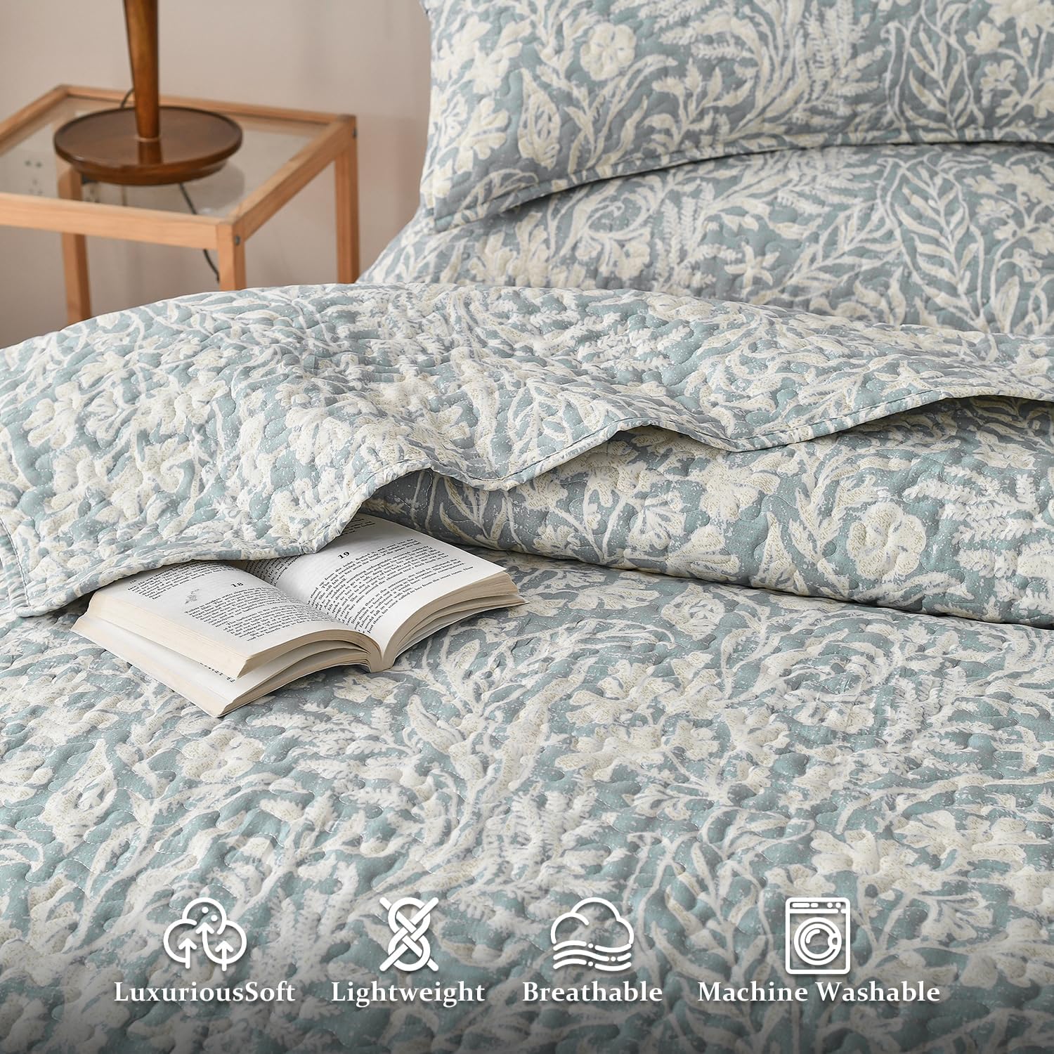 DURLENGEN Bluish Grey Botanical Quilt Set Queen 3Pcs