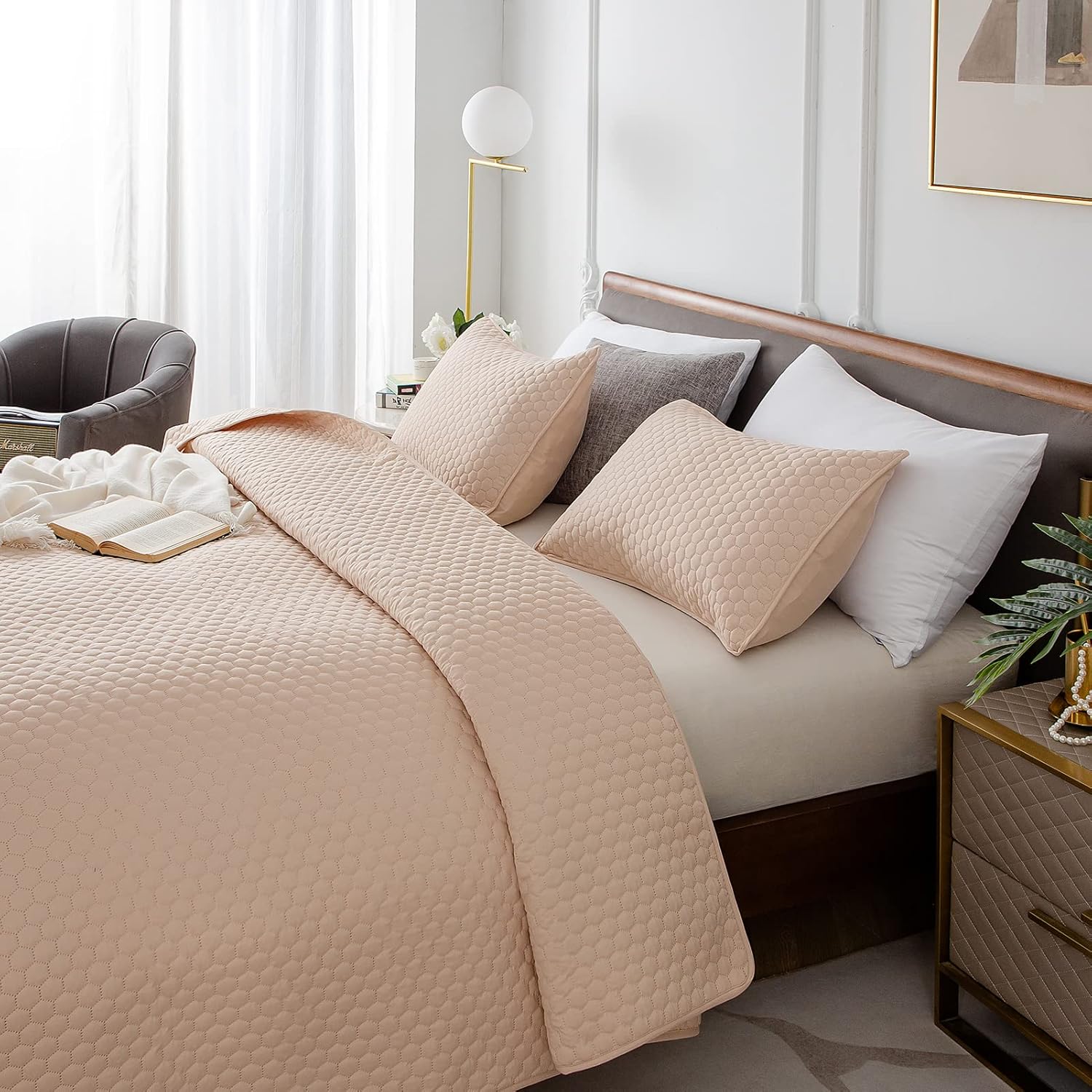 HENGWEI Queen Quilt Set with Champagne Gold Design