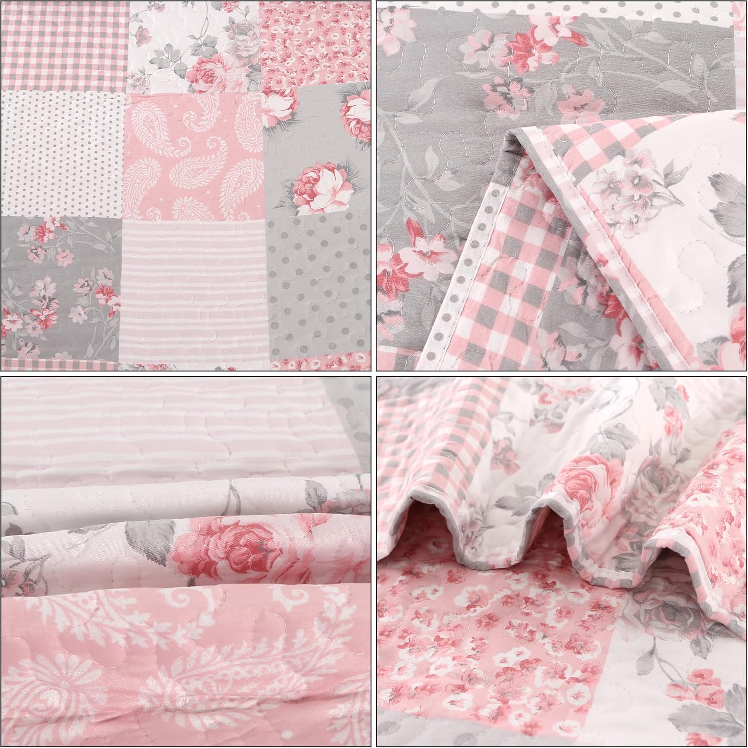 VIVILINEN King Size Reversible Quilt Set with Floral Patchwork
