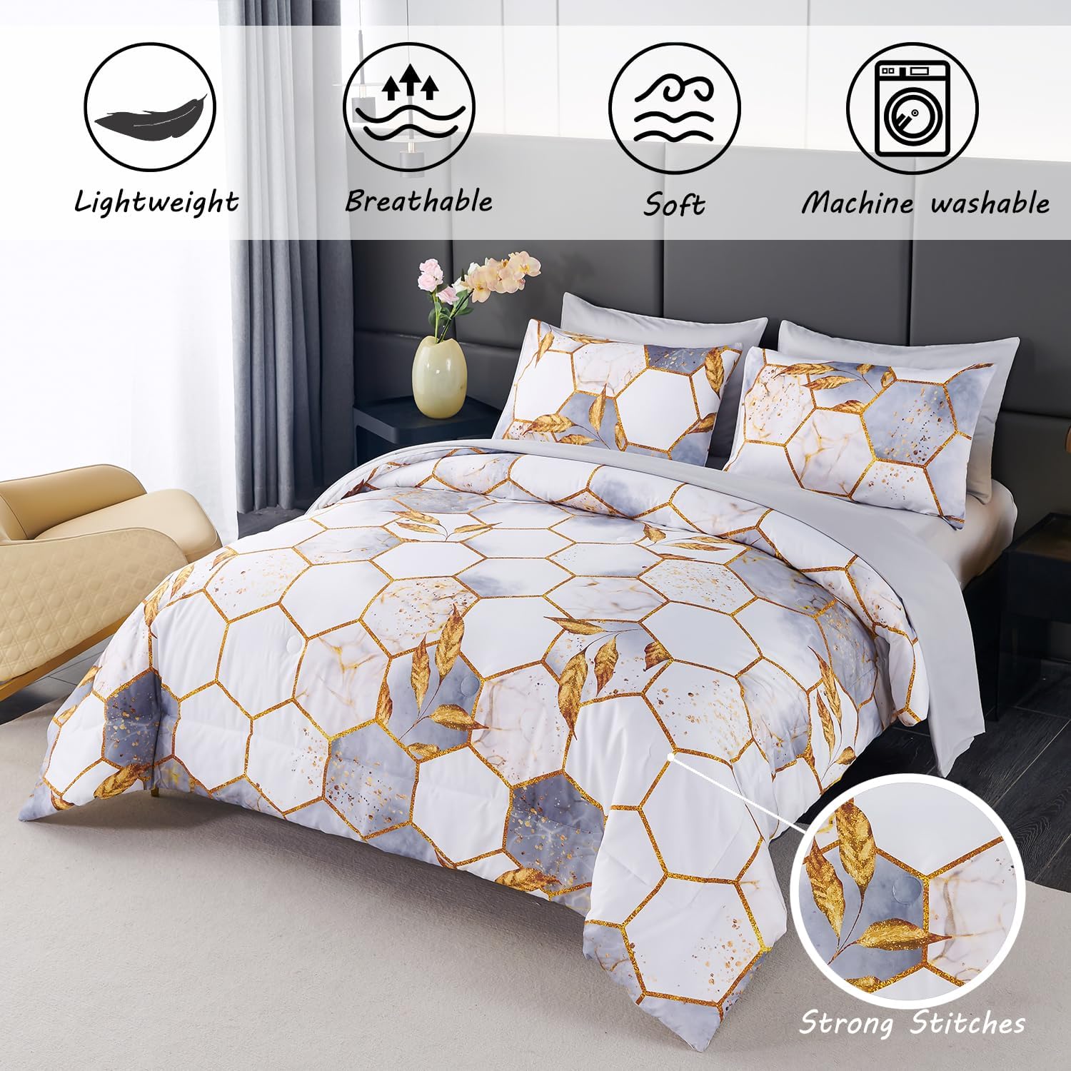 ZRNBAST 7 Pcs Light Grey Comforter Set with Gold Trim 1
