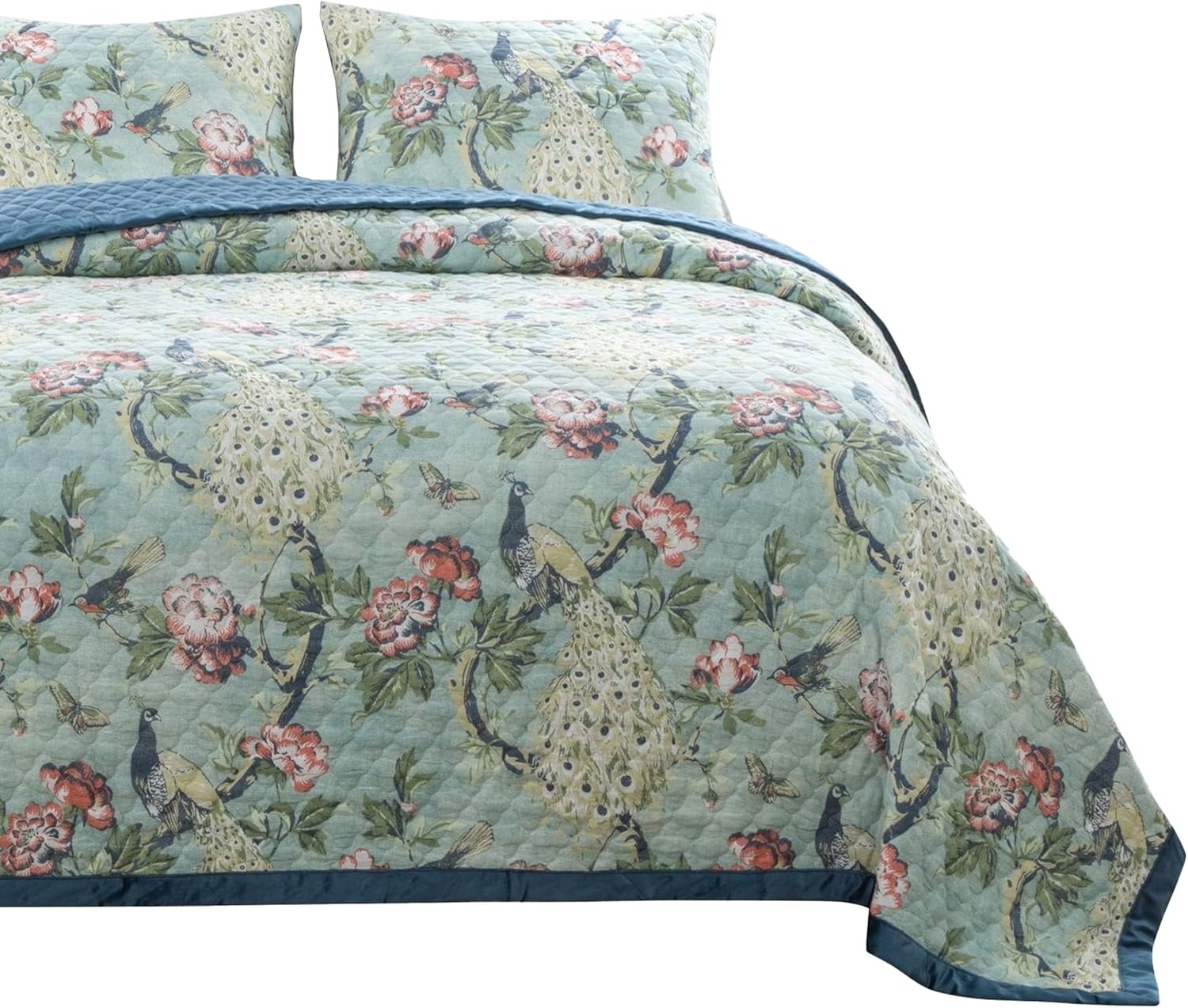 Benjara Eden 3 Piece King Quilt Set Peacock Print