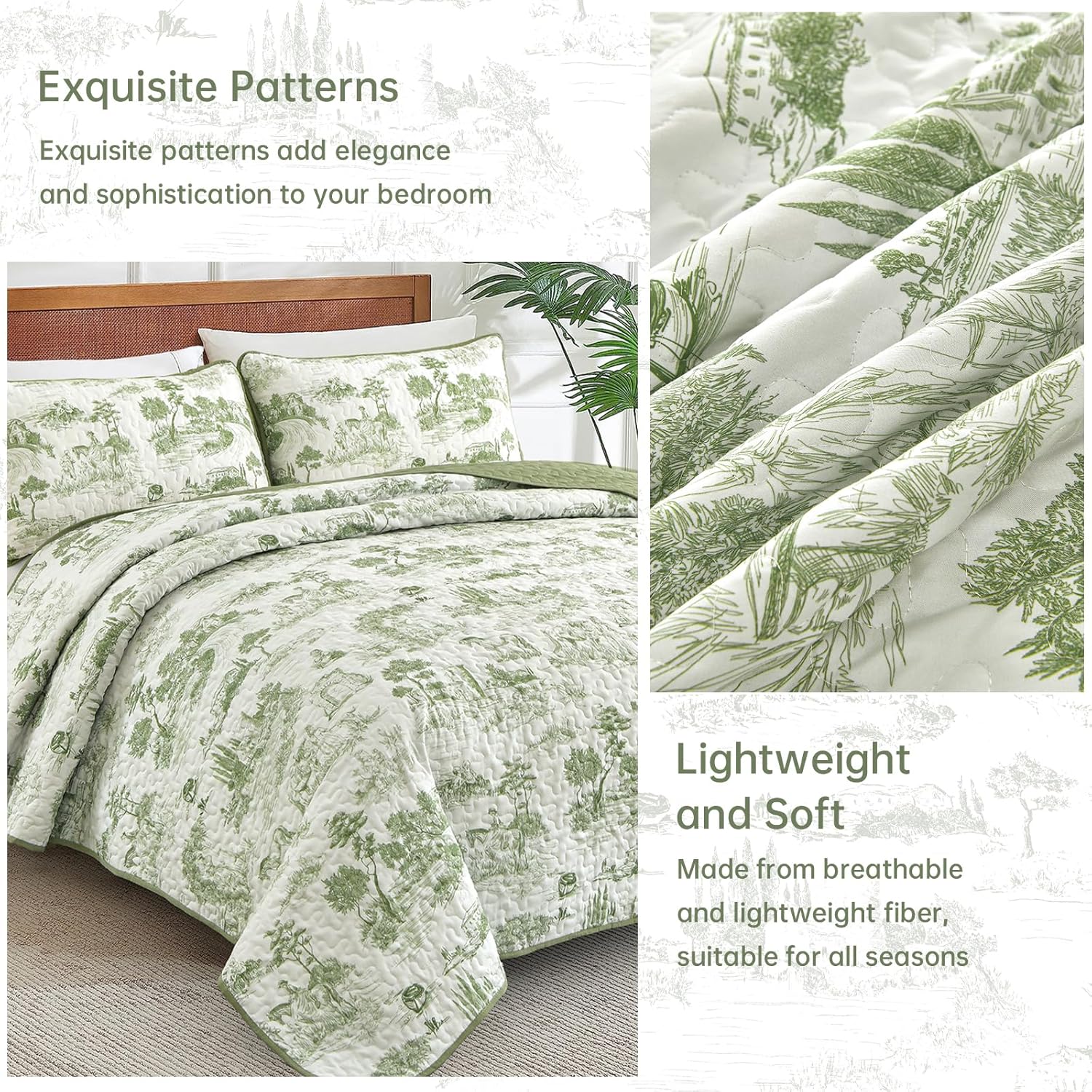 Drucon Sage Green Farmhouse Quilt Set King Size