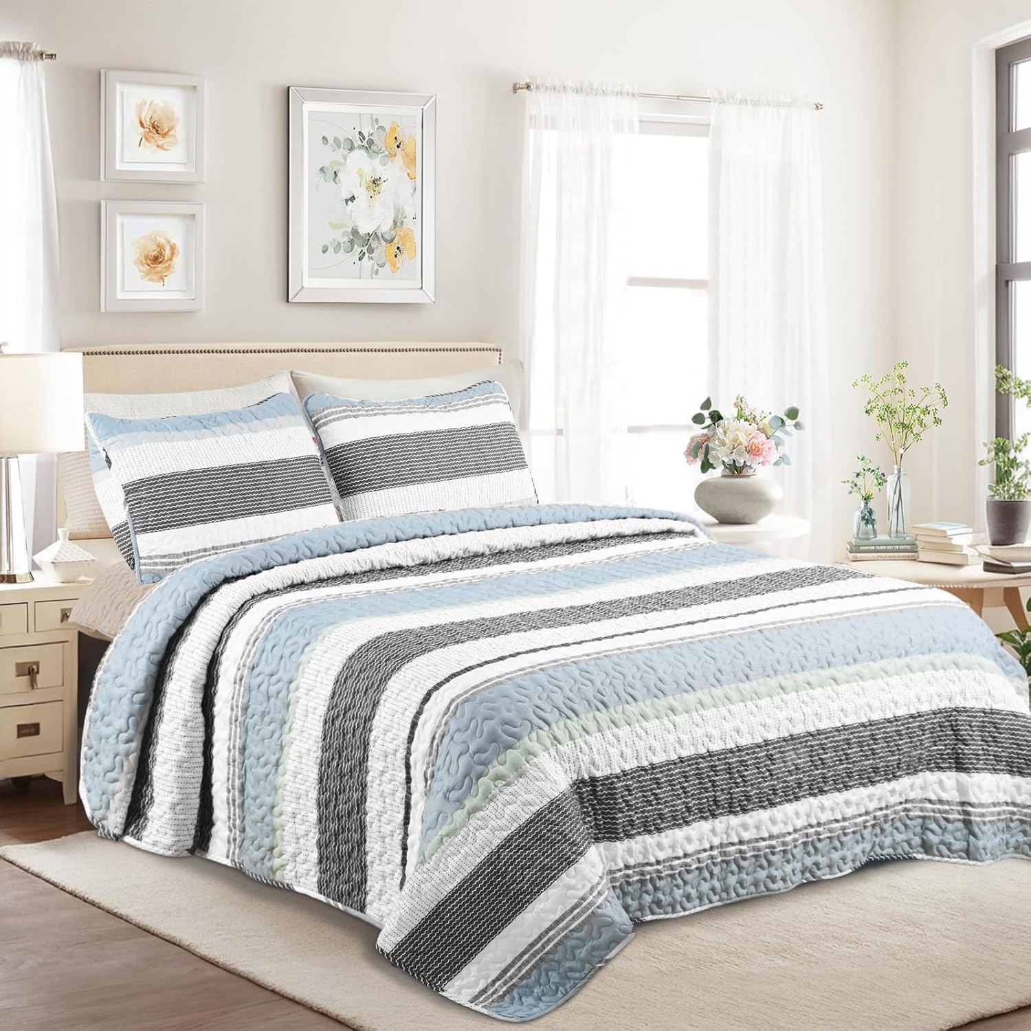 Siyaluens King Size Quilt Set - Sage Green 106x96