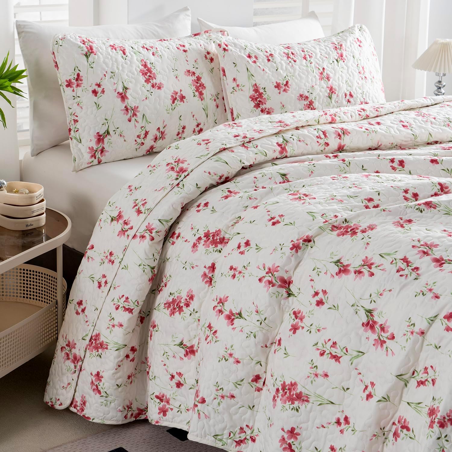 Floral Queen Quilt Set 3PCS Microfiber Bedding