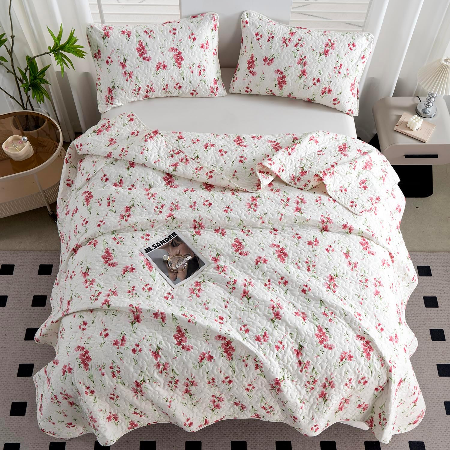 Floral Queen Quilt Set 3PCS Microfiber Bedding