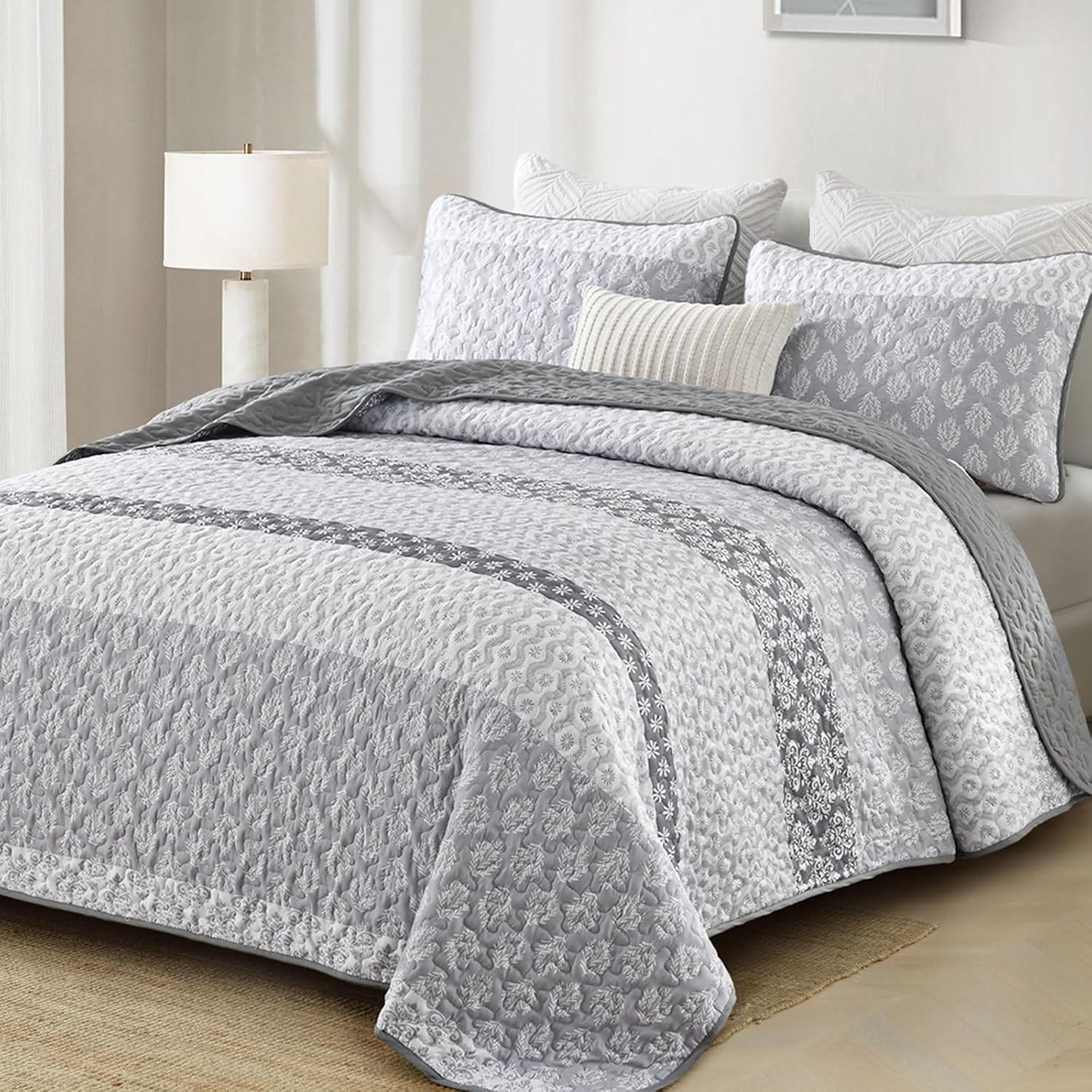 Cottolester Boho Queen Size Gray Striped Coverlet Set 3 Piece