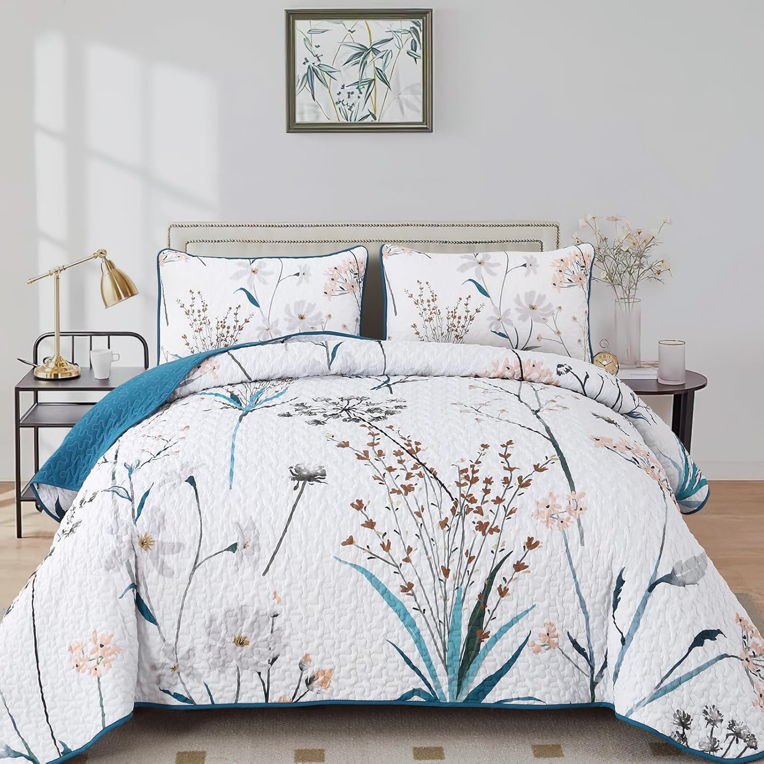 Dobuyly Teal Floral Queen Quilt 3-Piece Set