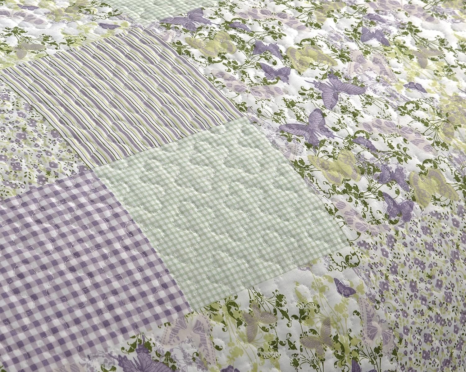Chezmoi Daisy 3-Piece Quilt Set - Purple Butterfly Botanical Print