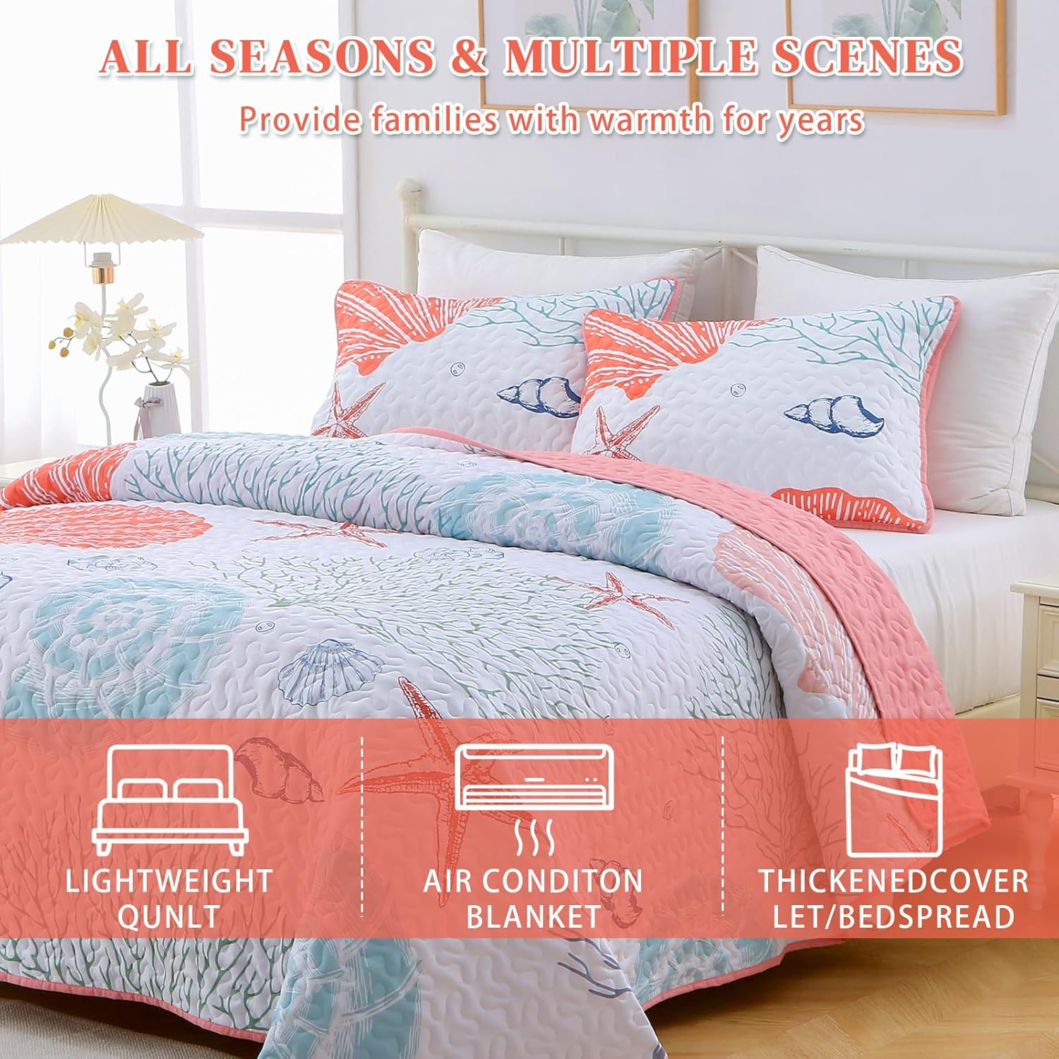 Heymybed Queen Coastal Quilt Set with Pink Starfish Design