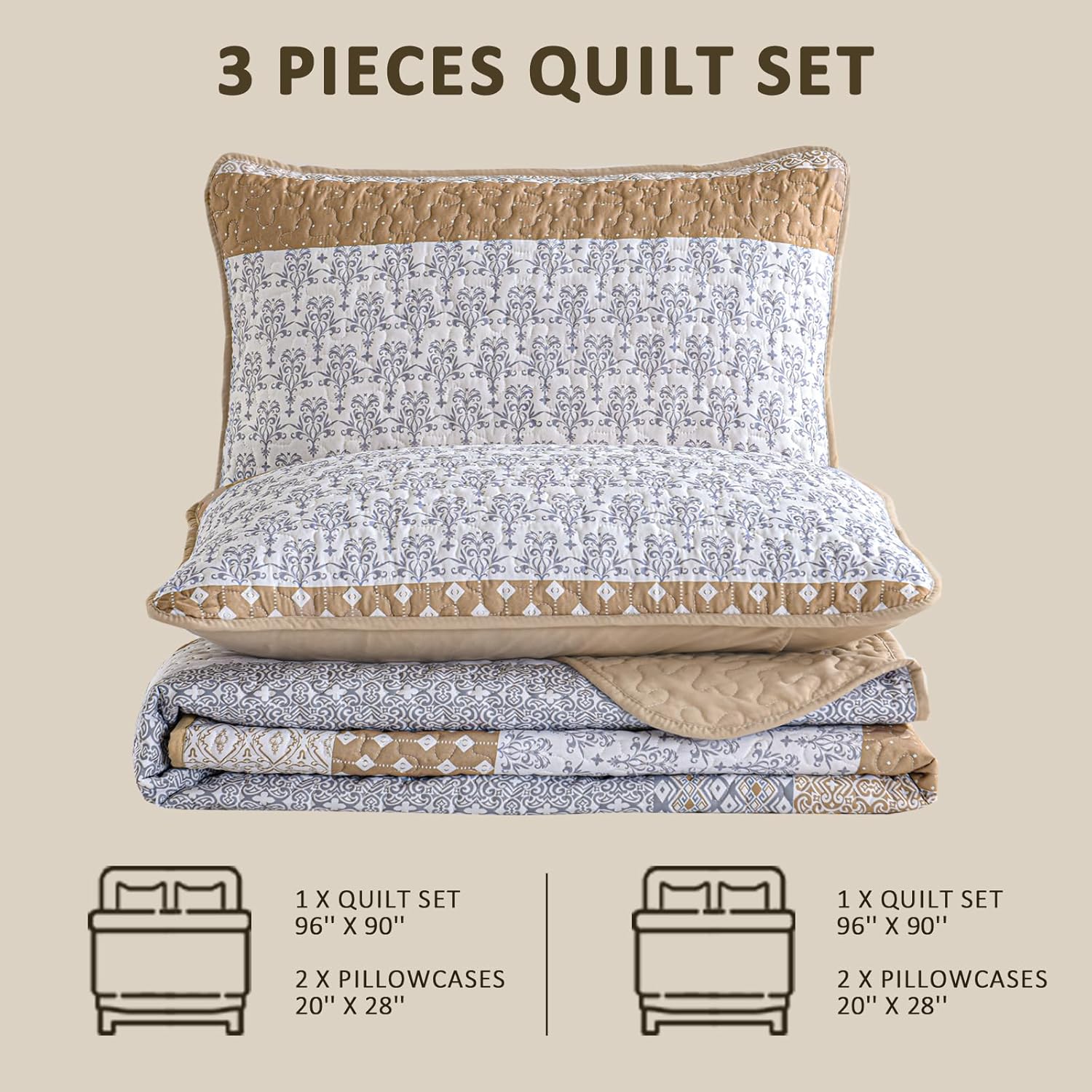 Wongs Brown Bohemian Stripe Quilt King Size Set