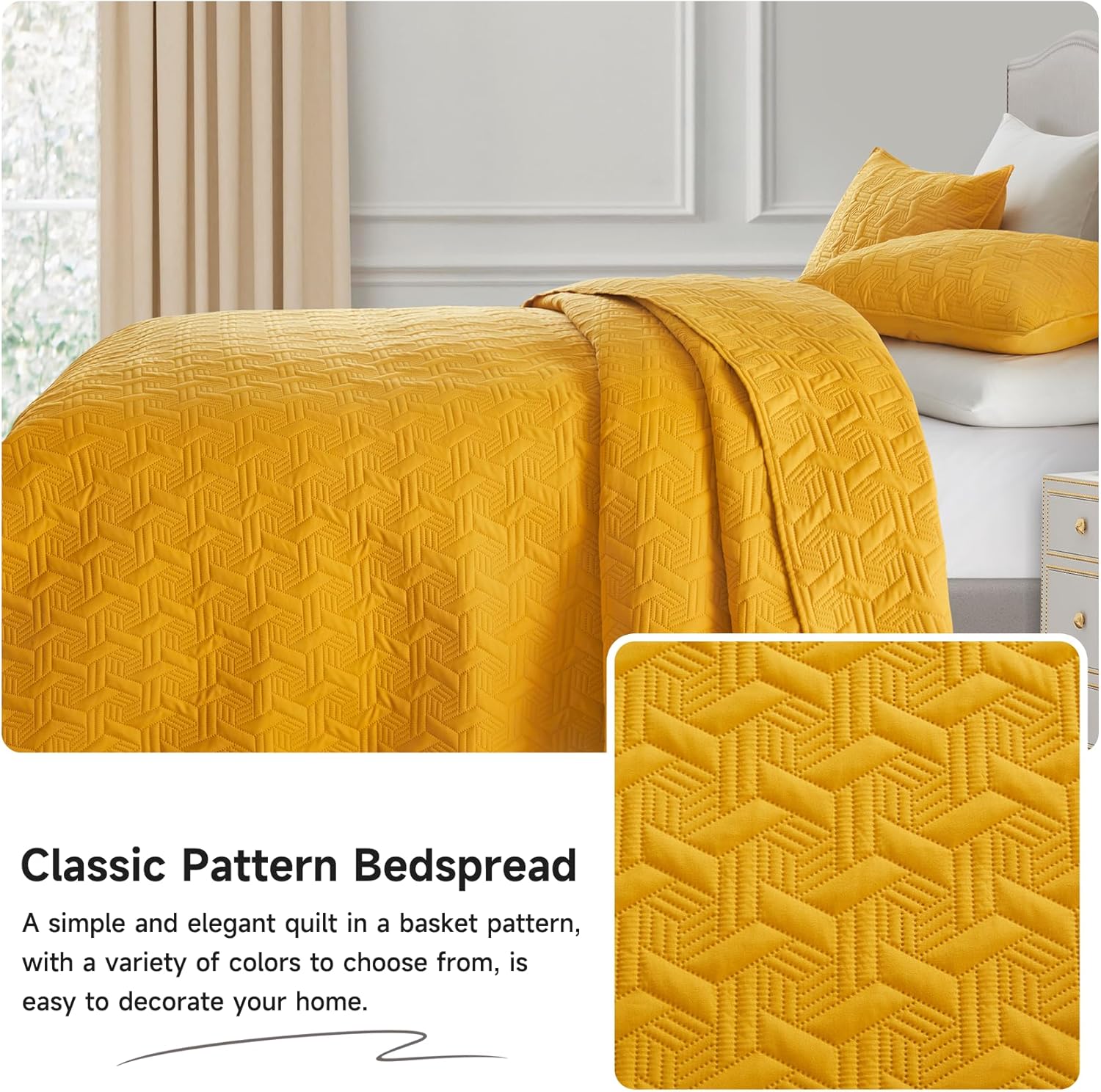 Lavsiry Mustard Yellow Quilt Set California King Size 3 Piece