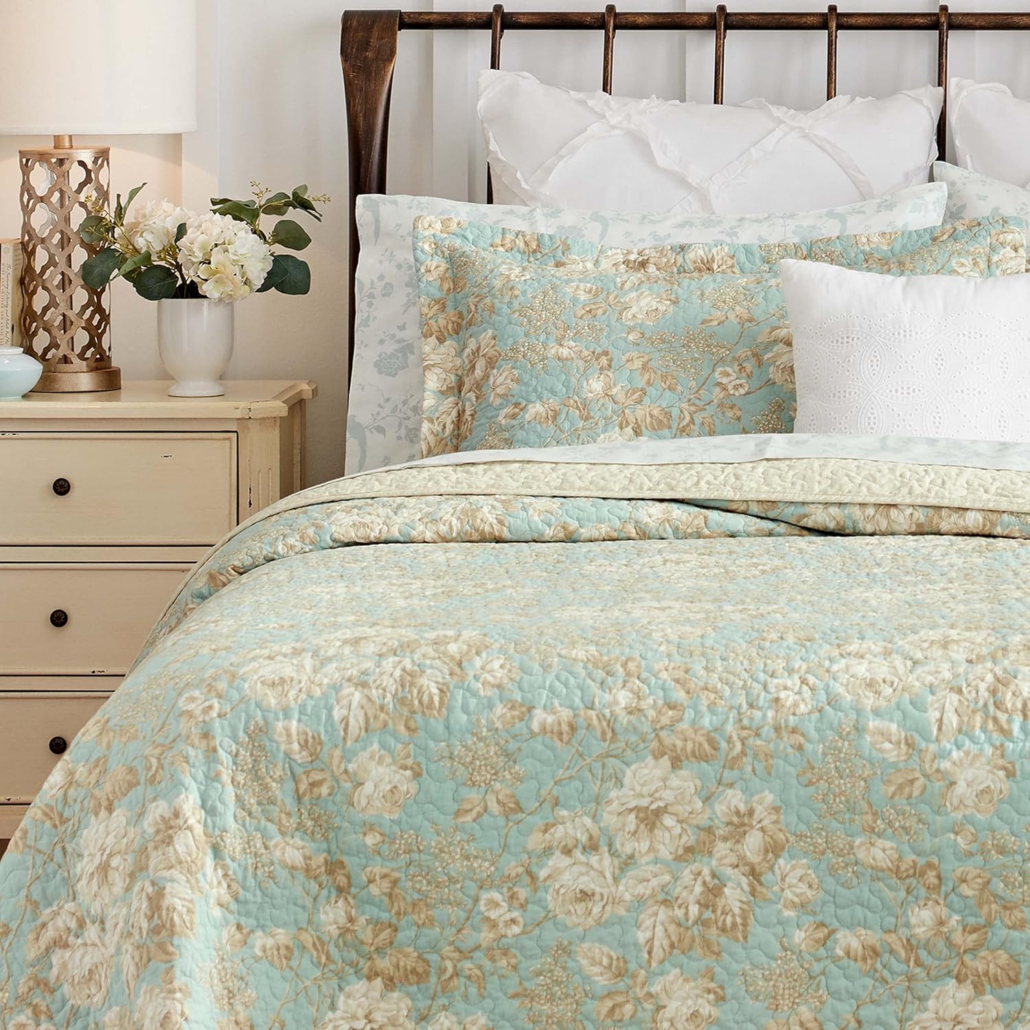 Laura Ashley King Quilt Set - Brompton Green 100 Cotton Reversible Bedding 1