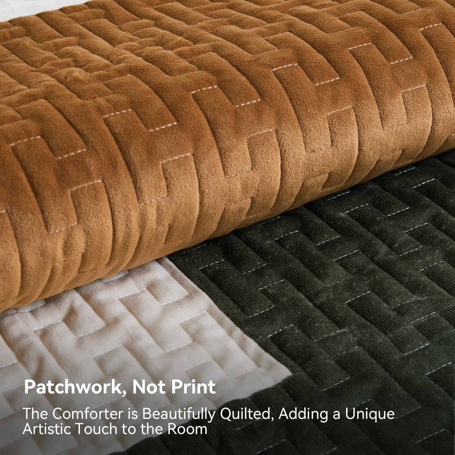Grassix Velvet Queen Quilt Set - 90x96 Green Gold 3-Piece All Seasons