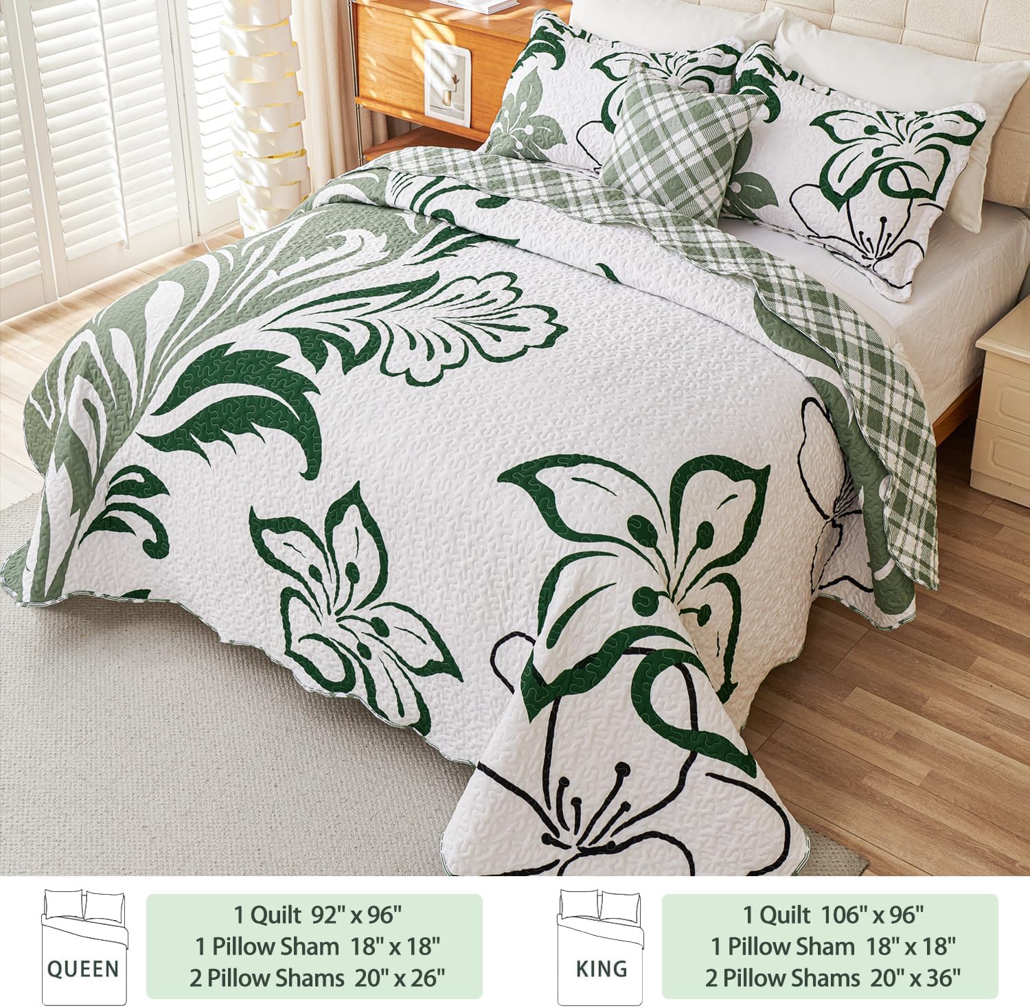 EVENHUG 4 Piece Floral Quilt Set Queen Size