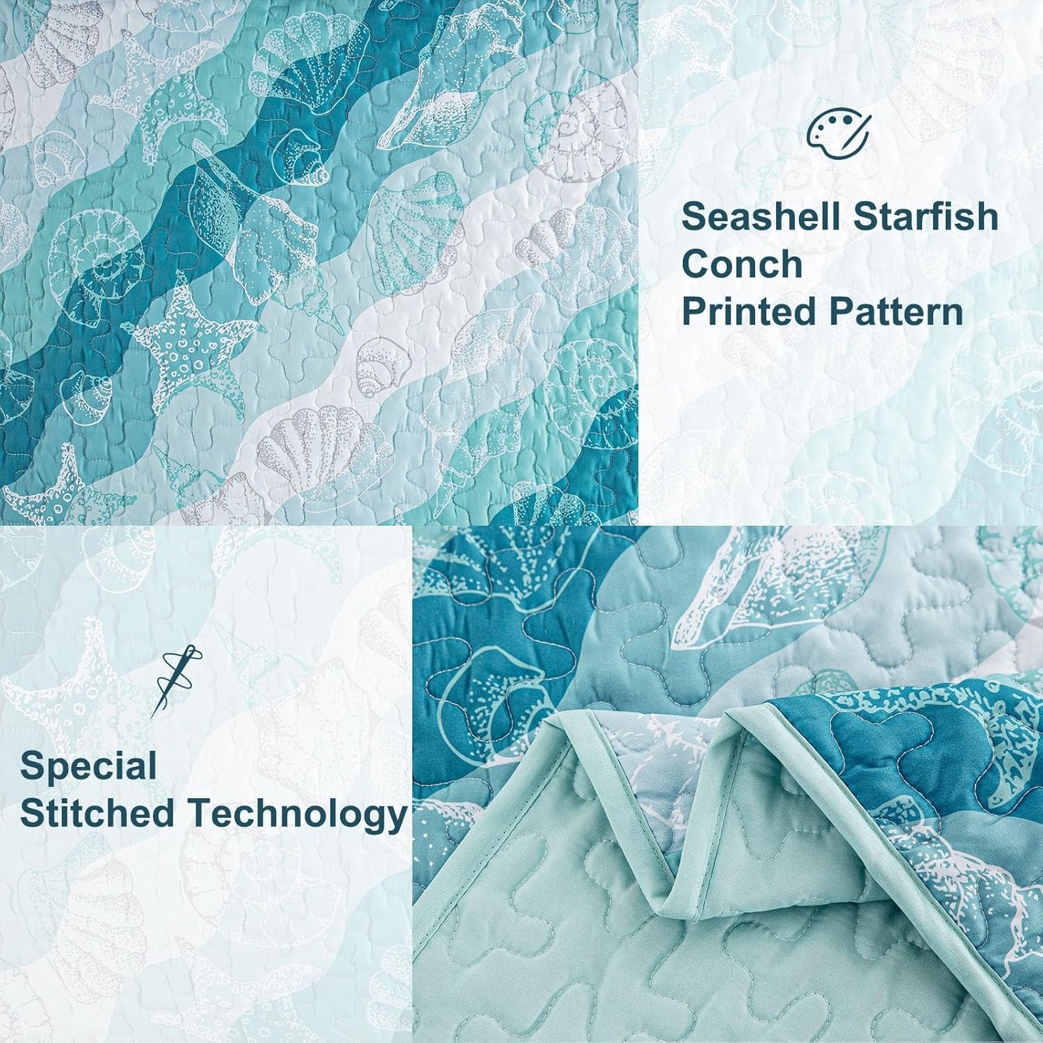 Dinjoy Coastal Blue Green King Size Quilt Set