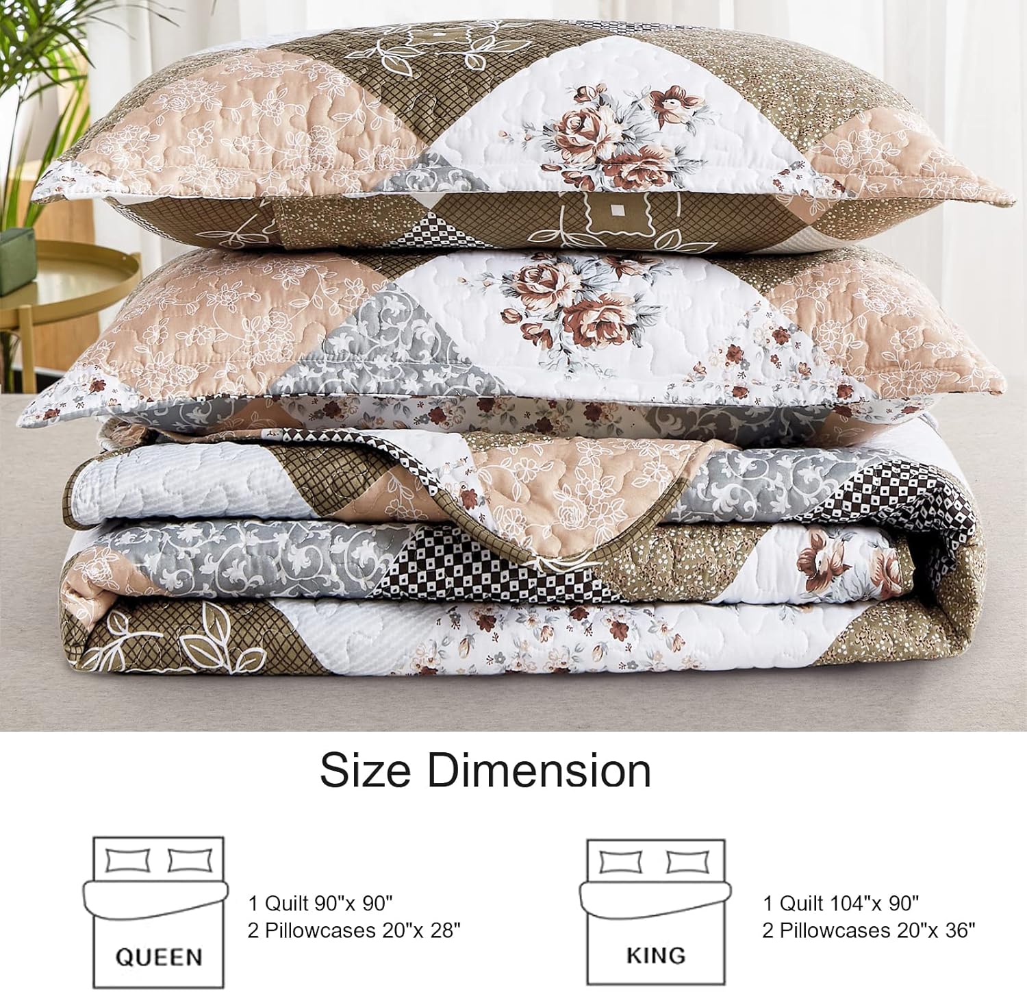 Dinjoy Floral Plaid Patchwork Quilt Set Twin Size