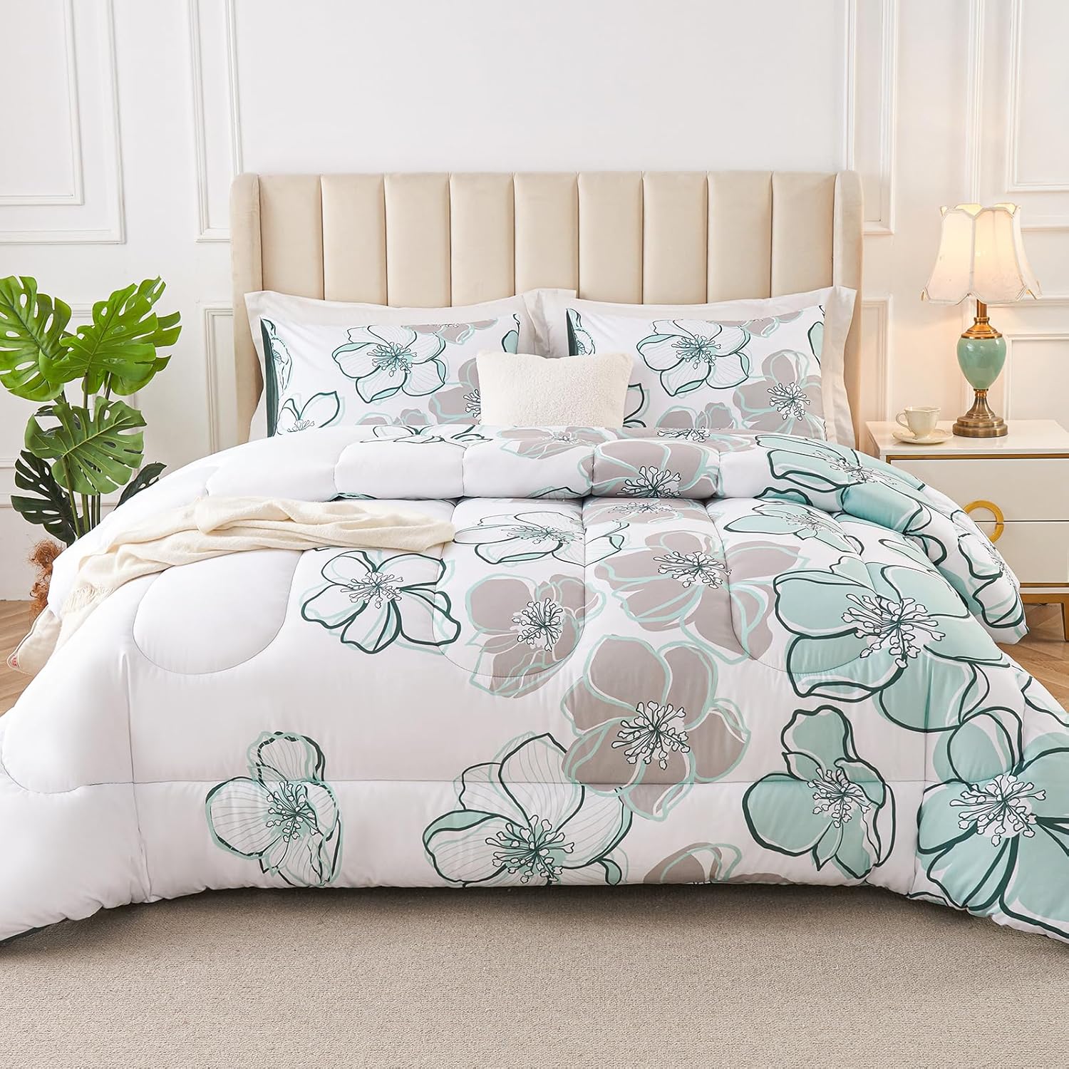 3 Piece King Size Comforter Set with Leaf Print