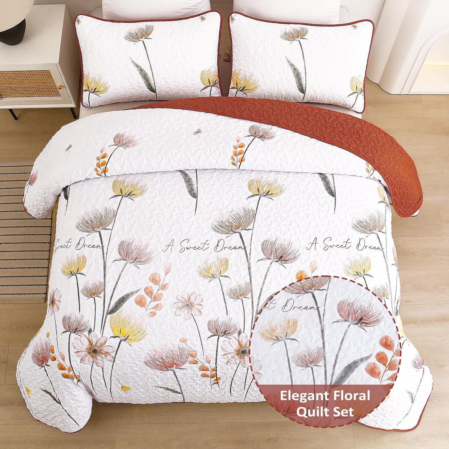 Dinjoy Floral California King Quilt Set 3 Piece