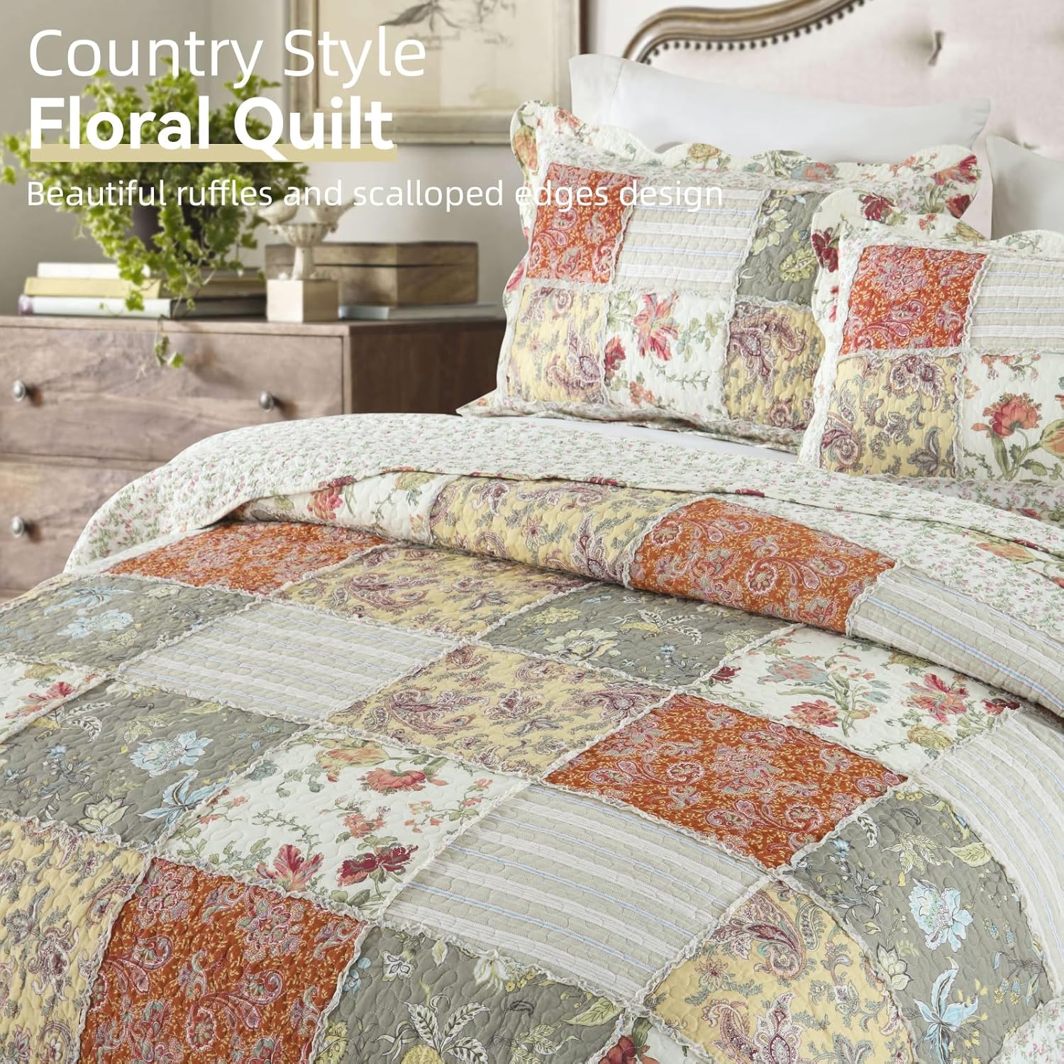 Yvooxny 3-Piece Quilt Set with Ruffles and Pillowcases
