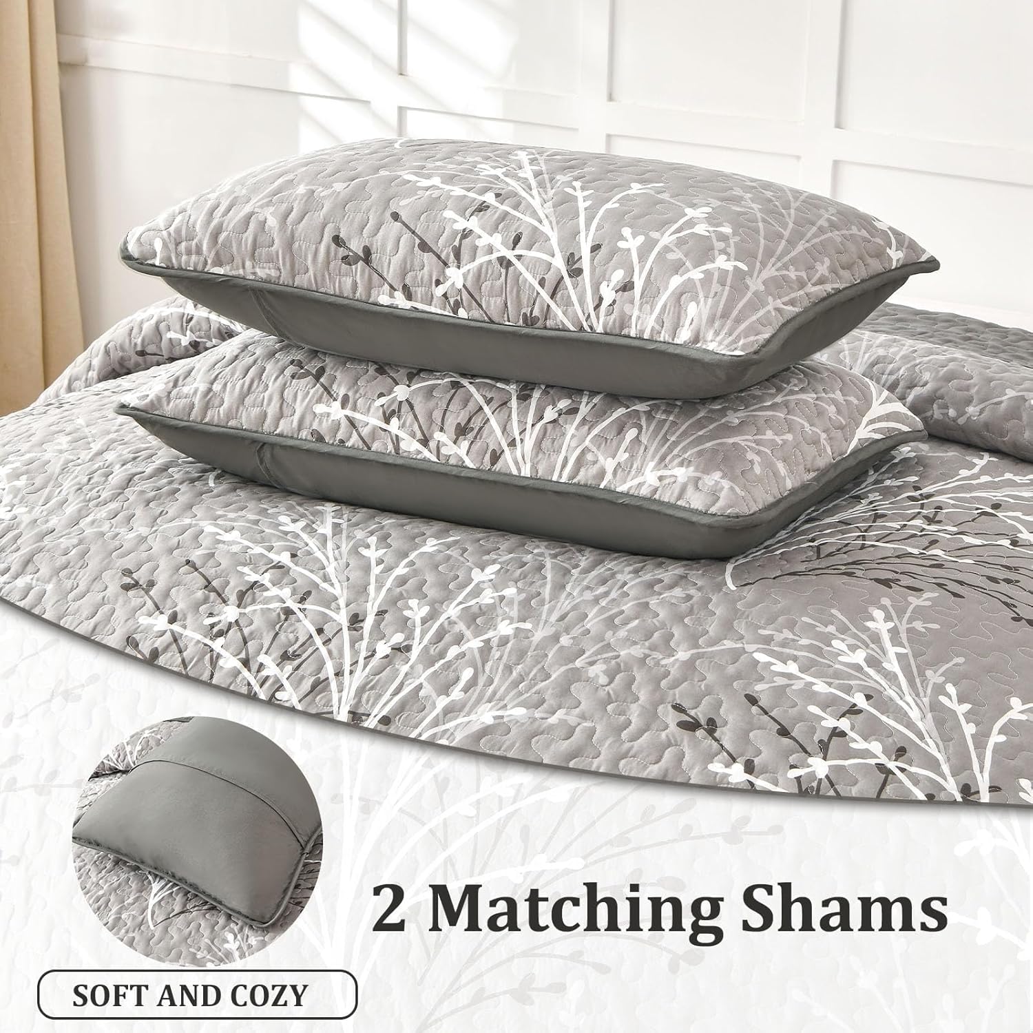 DJY Grey Botanical Quilt Set King Size 3-Piece