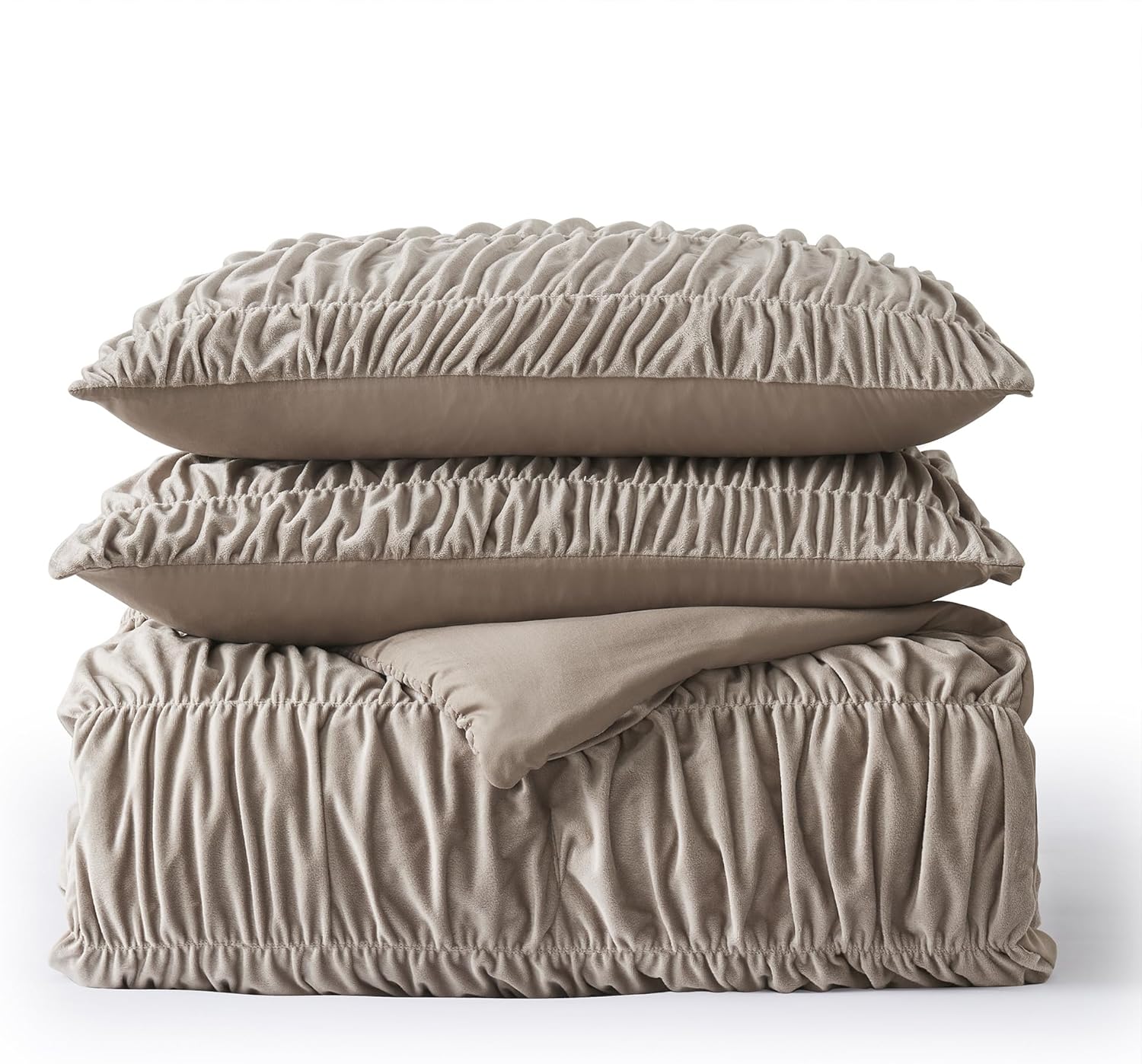 Wonderful Ruched Velvet Quilt Set Queen Size Light Brown