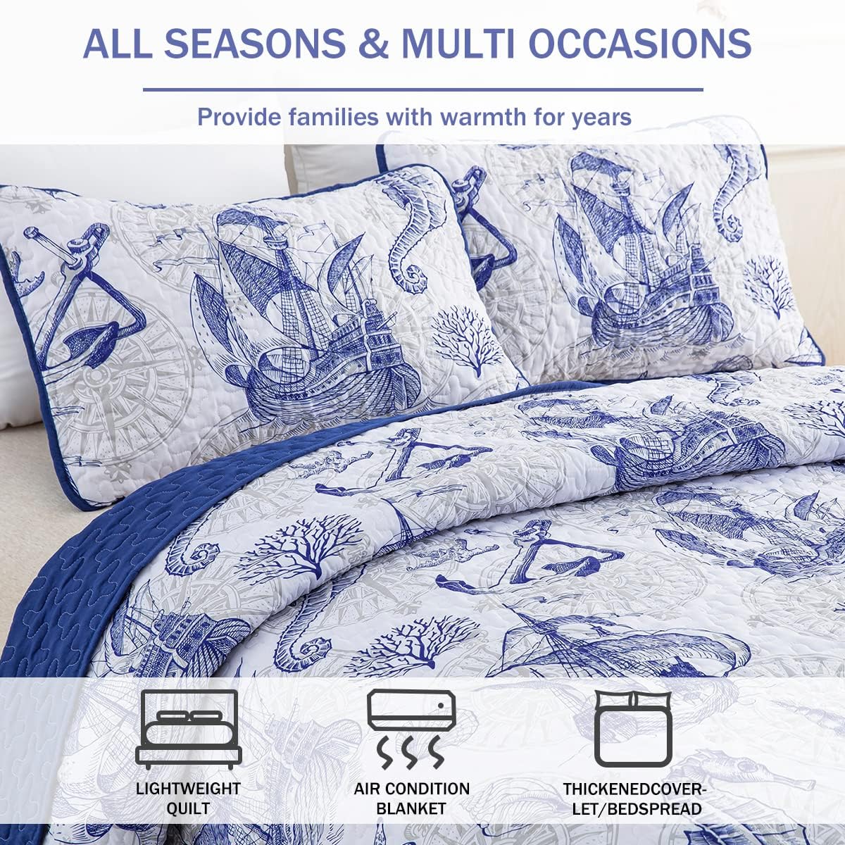 DJY Nautical Beach Quilt Set King 3 Piece